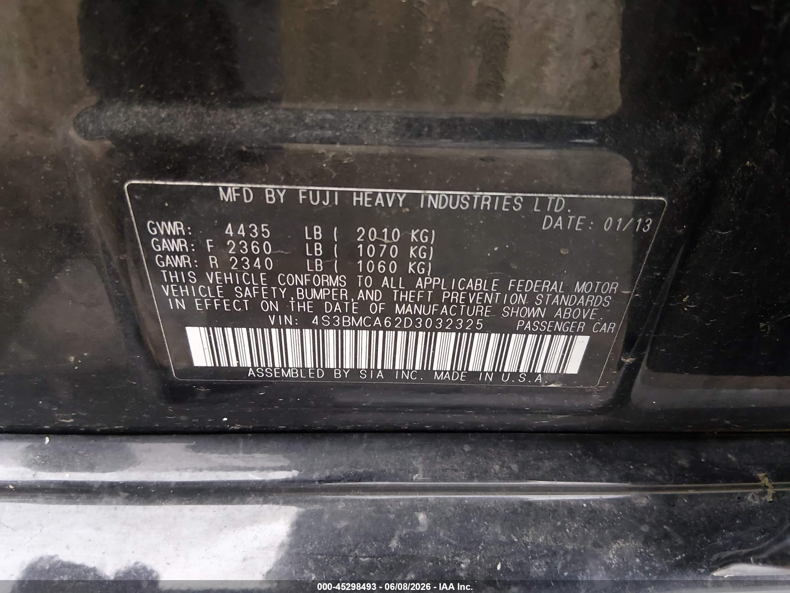2013 Subaru Legacy 2.5i Black vin: 4S3BMCA62D3032325