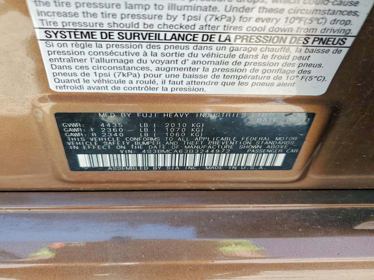 2011 Subaru Legacy 2.5i Brown vin: 4S3BMCA63B3244972