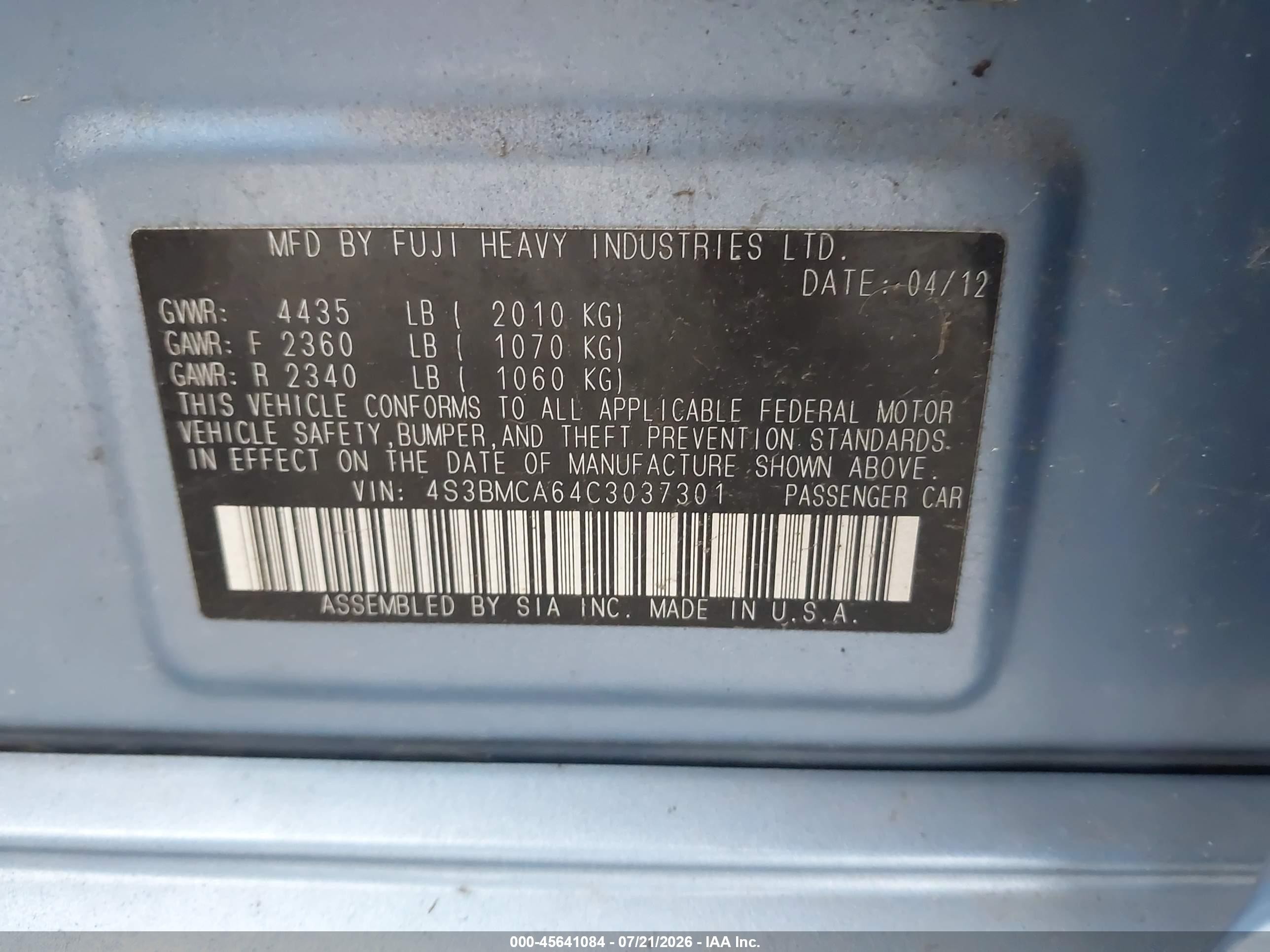 2012 Subaru Legacy 2.5i Blue vin: 4S3BMCA64C3037301