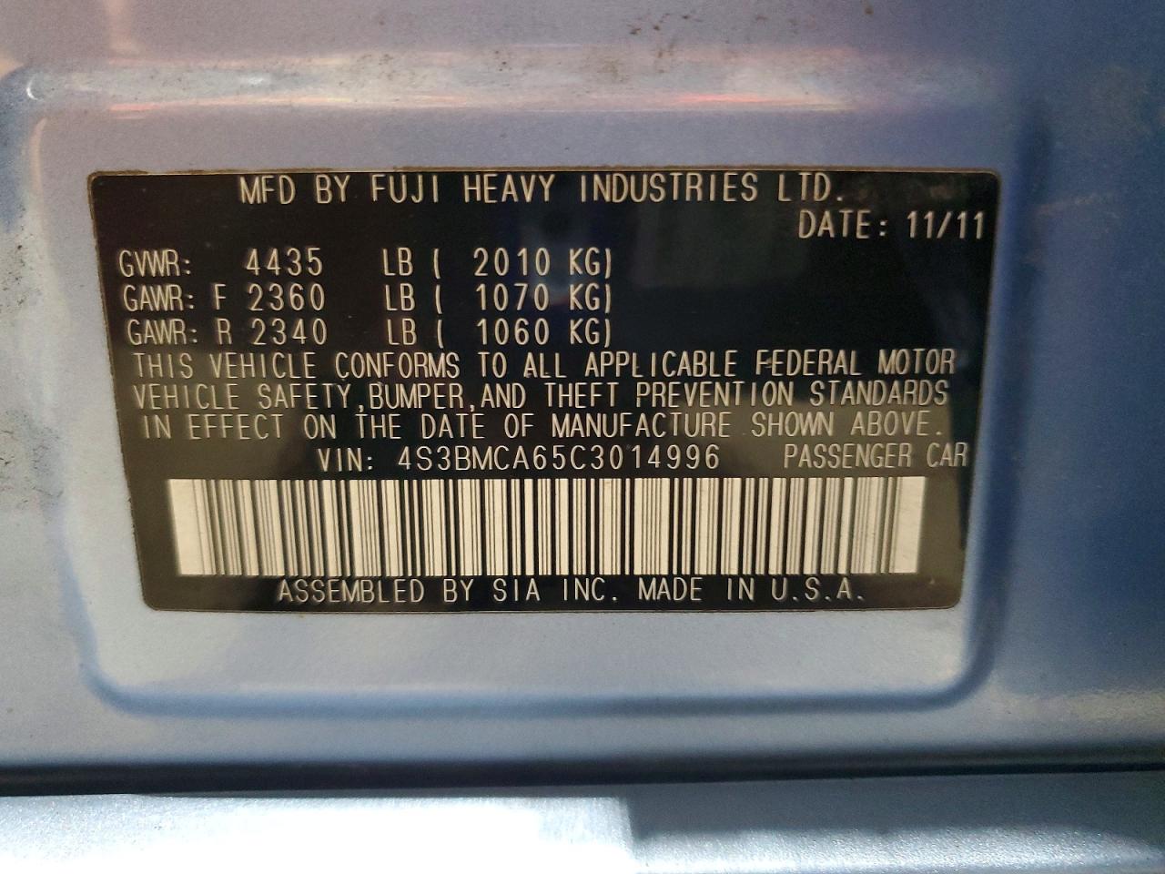 2012 Subaru Legacy 2.5i Blue vin: 4S3BMCA65C3014996