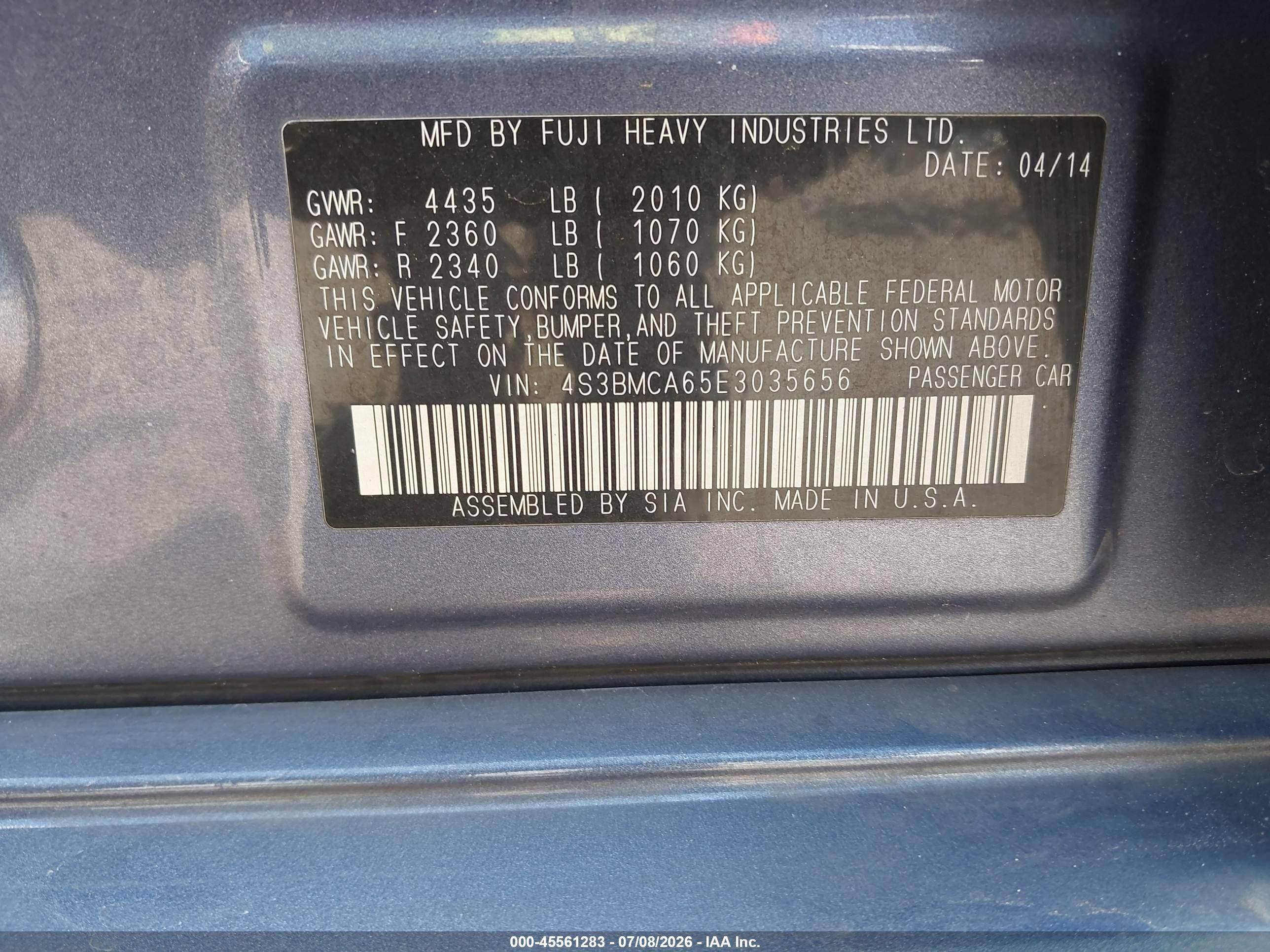 2014 Subaru Legacy 2.5i Light Blue vin: 4S3BMCA65E3035656