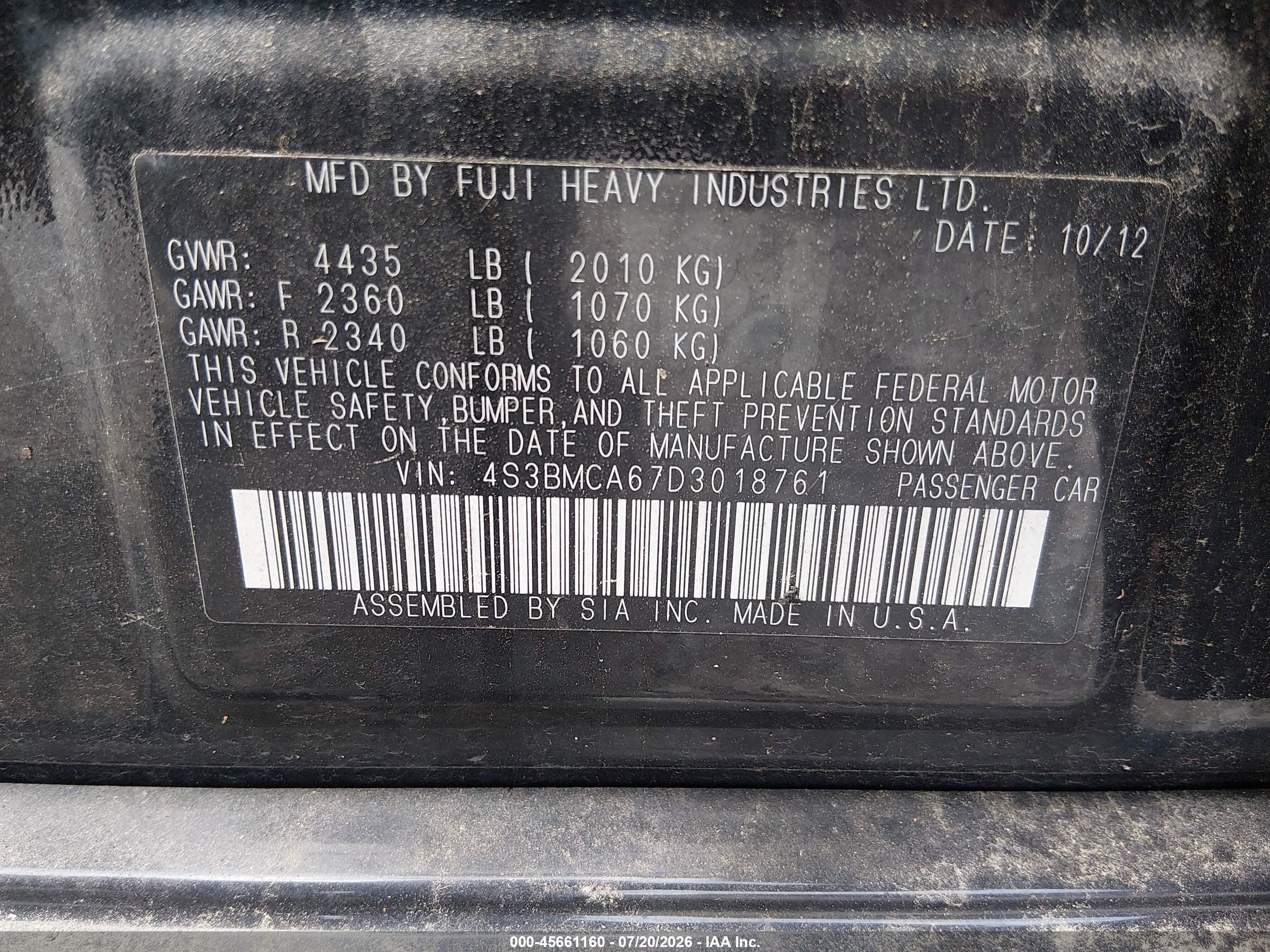2013 Subaru Legacy 2.5i Black vin: 4S3BMCA67D3018761