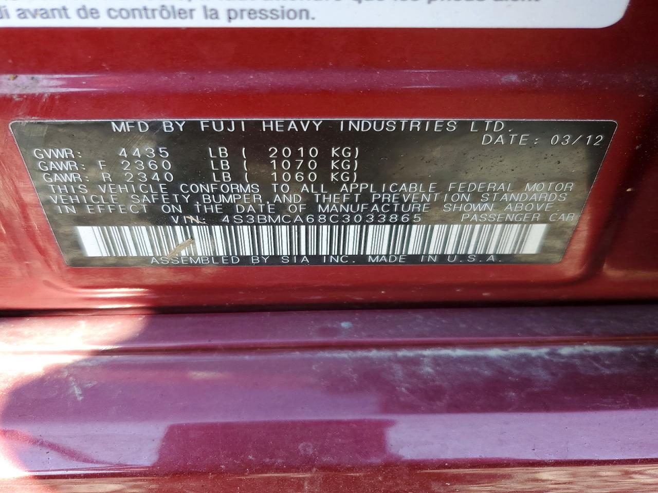 2012 Subaru Legacy 2.5i Burgundy vin: 4S3BMCA68C3033865