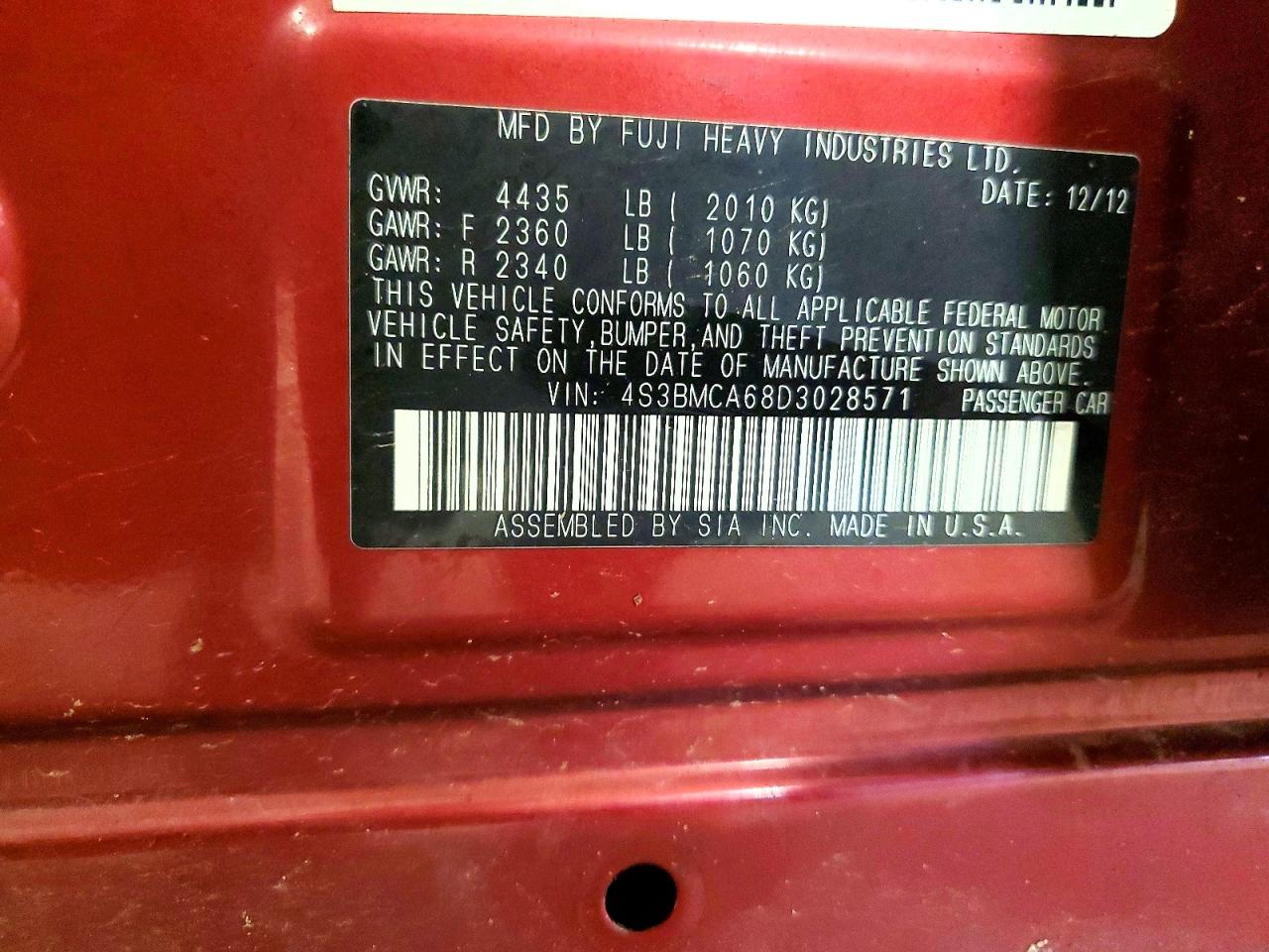 2013 Subaru Legacy 2.5i Red vin: 4S3BMCA68D3028571