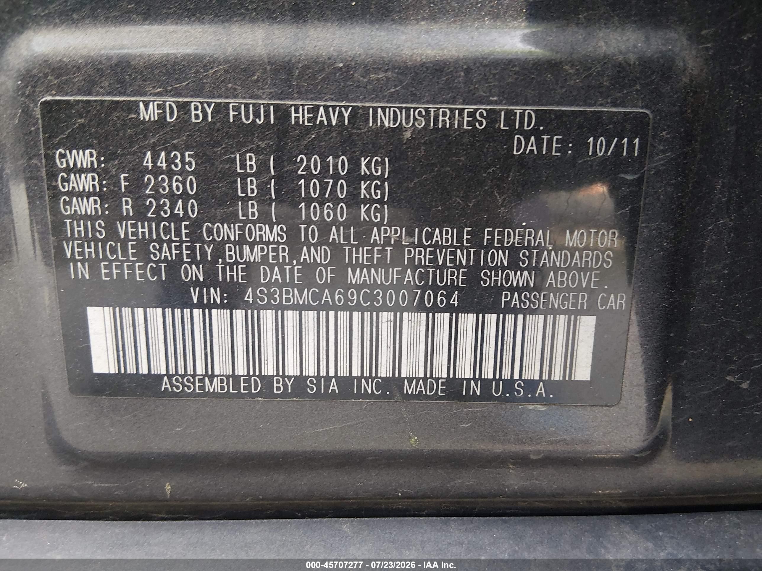 2012 Subaru Legacy 2.5i Blue vin: 4S3BMCA69C3007064