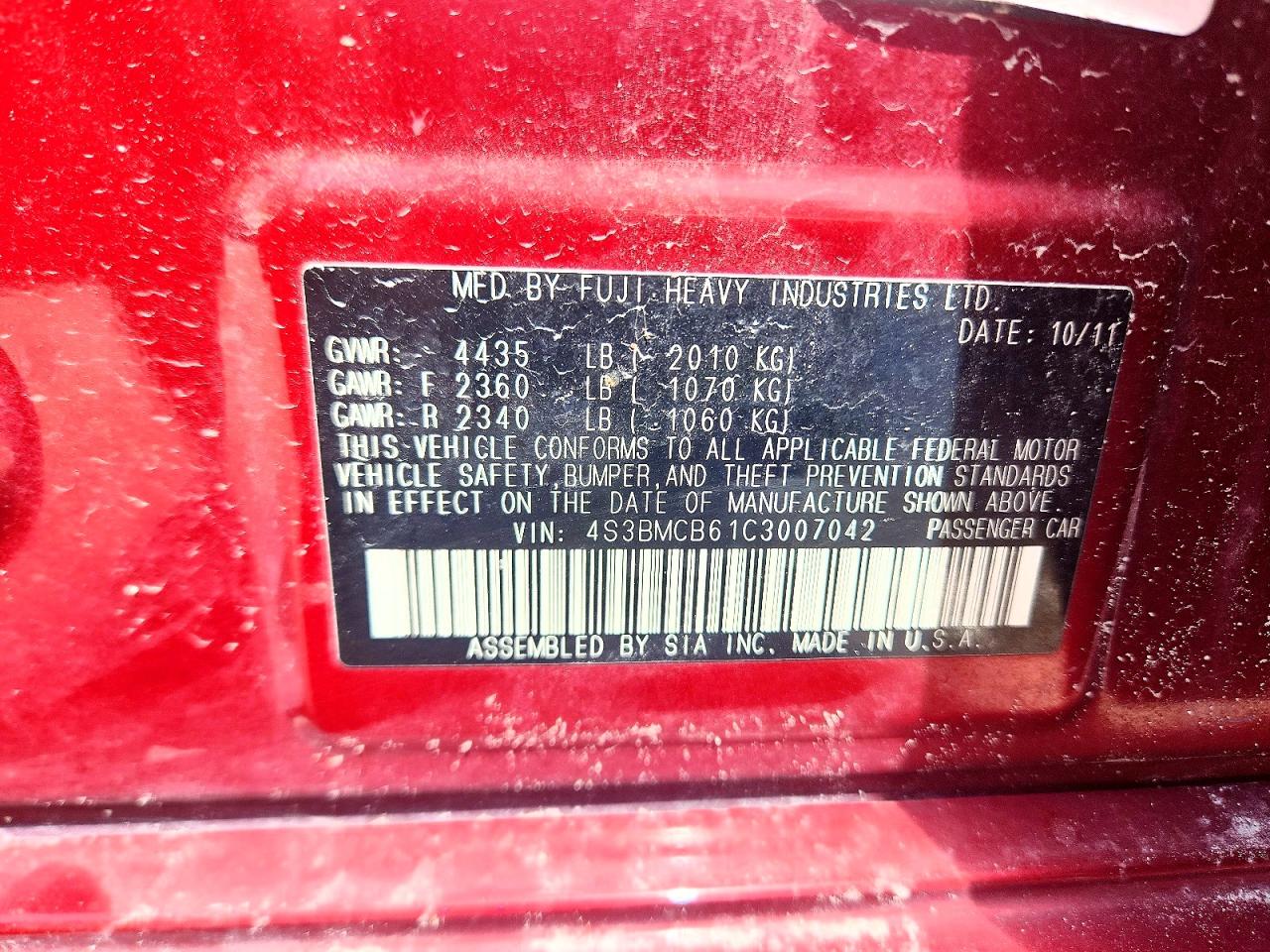 2012 Subaru Legacy 2.5i Premium Burgundy vin: 4S3BMCB61C3007042