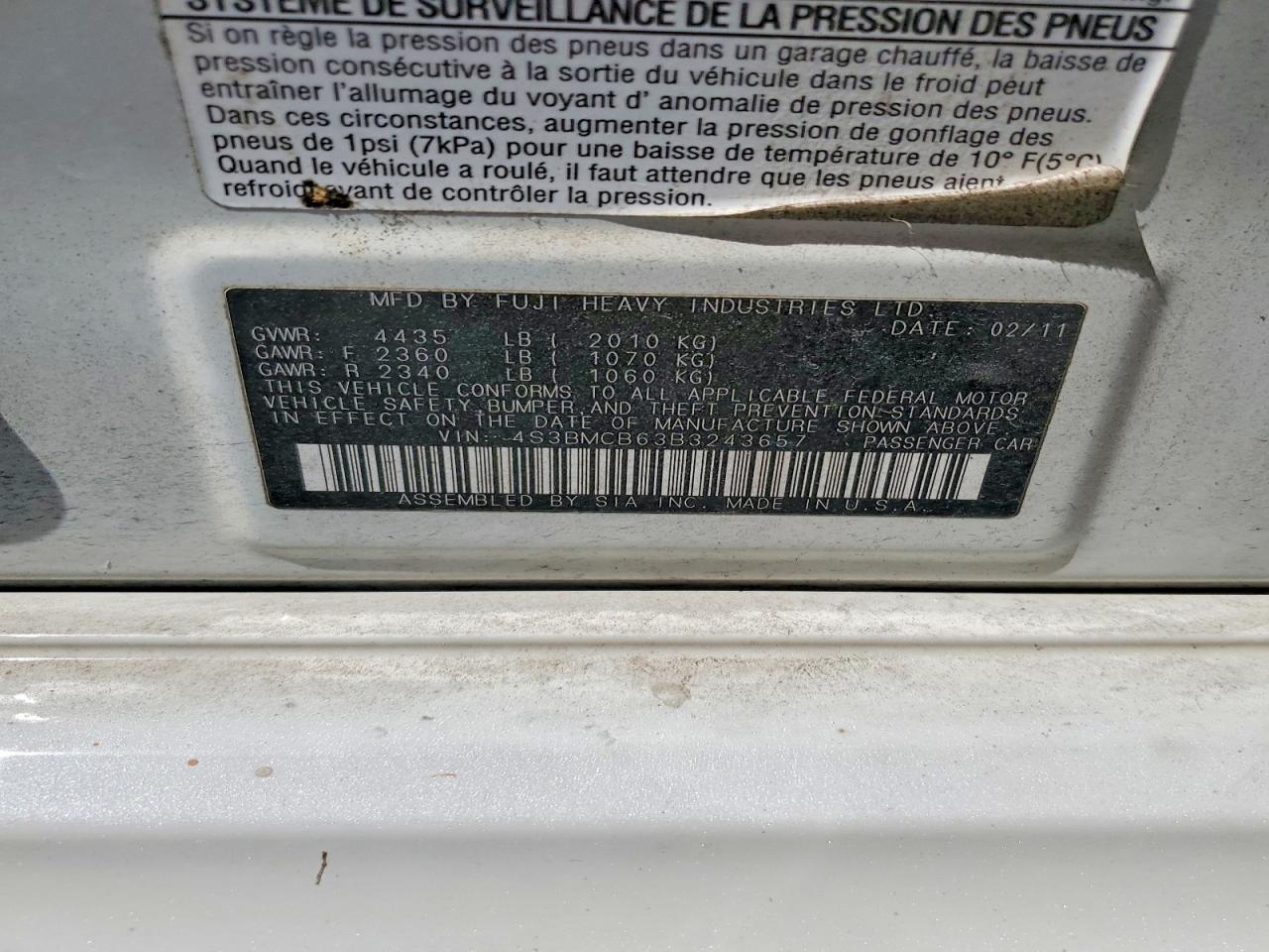 2011 Subaru Legacy 2.5i Premium White vin: 4S3BMCB63B3243657