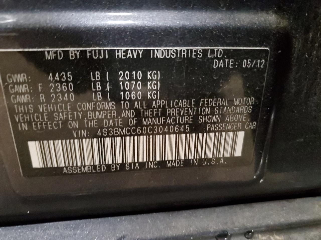 2012 Subaru Legacy Blue vin: 4S3BMCC60C3040645