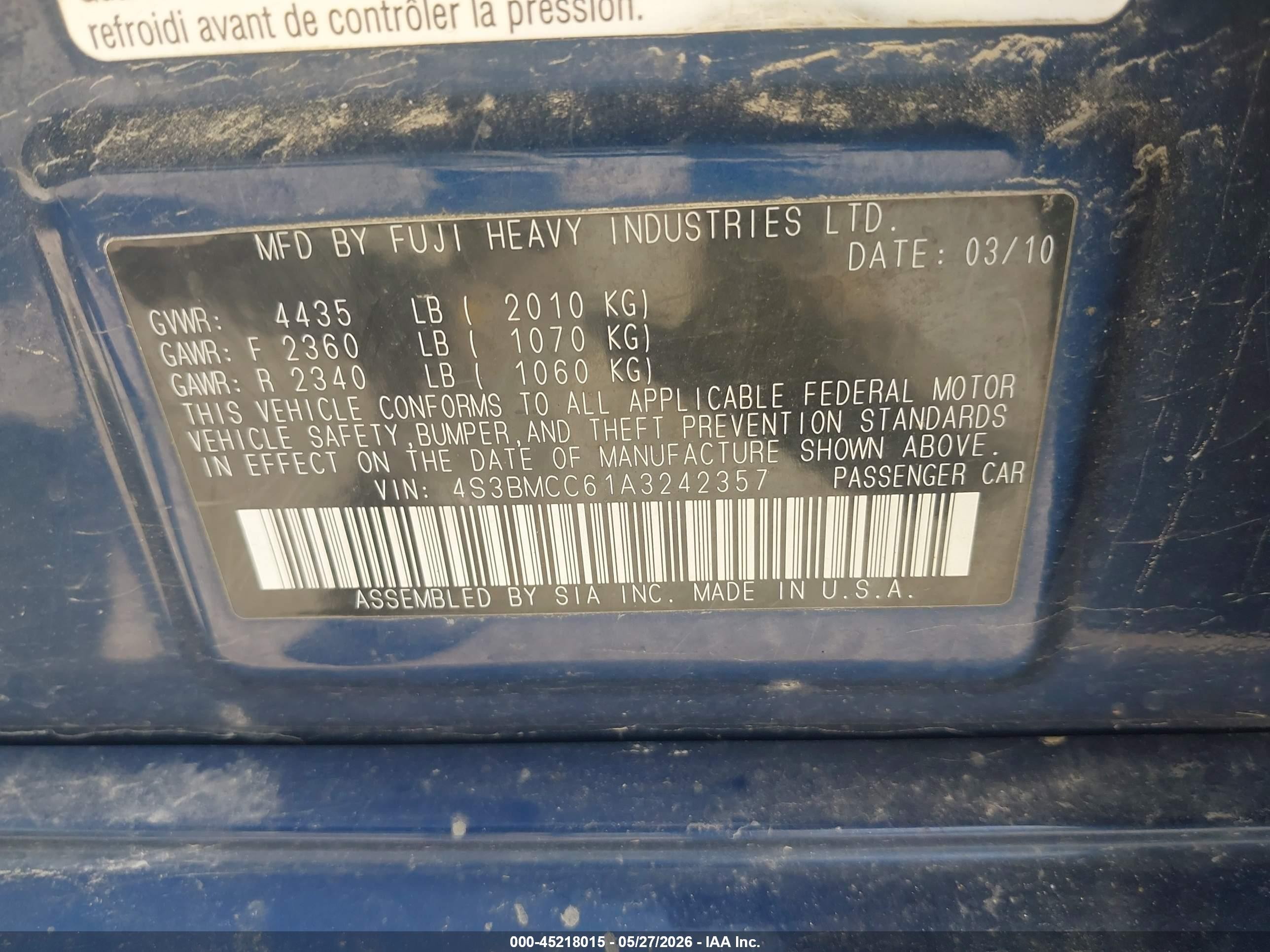 2010 Subaru Legacy 2.5i Premium Blue vin: 4S3BMCC61A3242357
