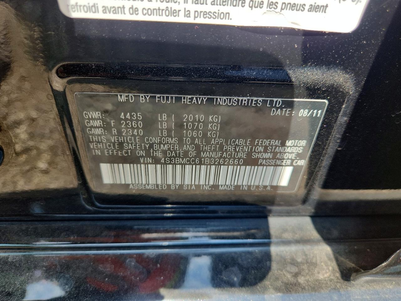 2011 Subaru Legacy 2.5i Premium Black vin: 4S3BMCC61B3262660