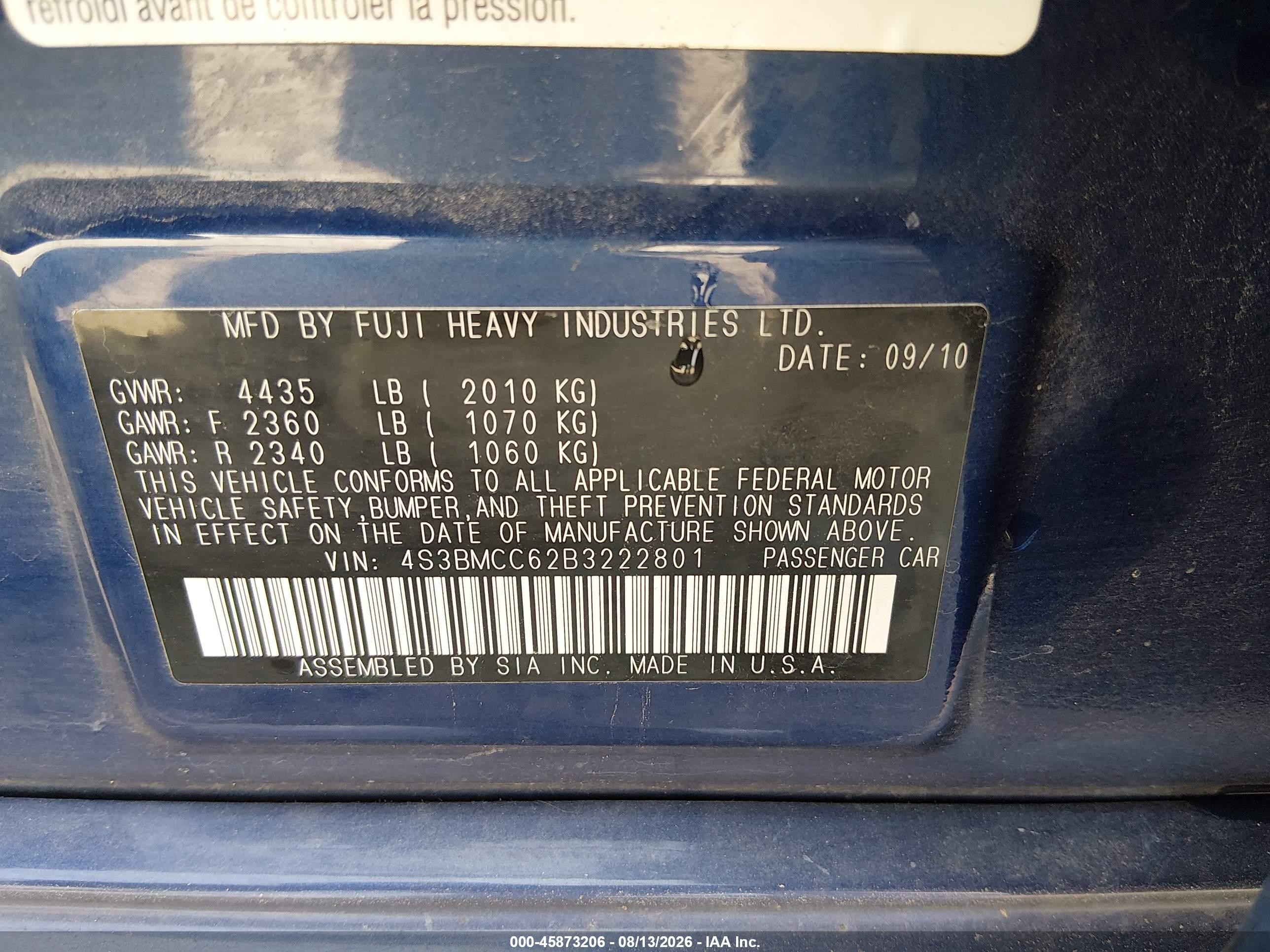 2011 Subaru Legacy 2.5i Premium Blue vin: 4S3BMCC62B3222801