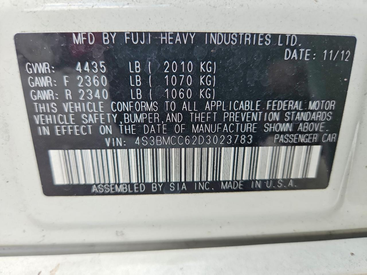 2013 Subaru Legacy 2.5i Premium White vin: 4S3BMCC62D3023783