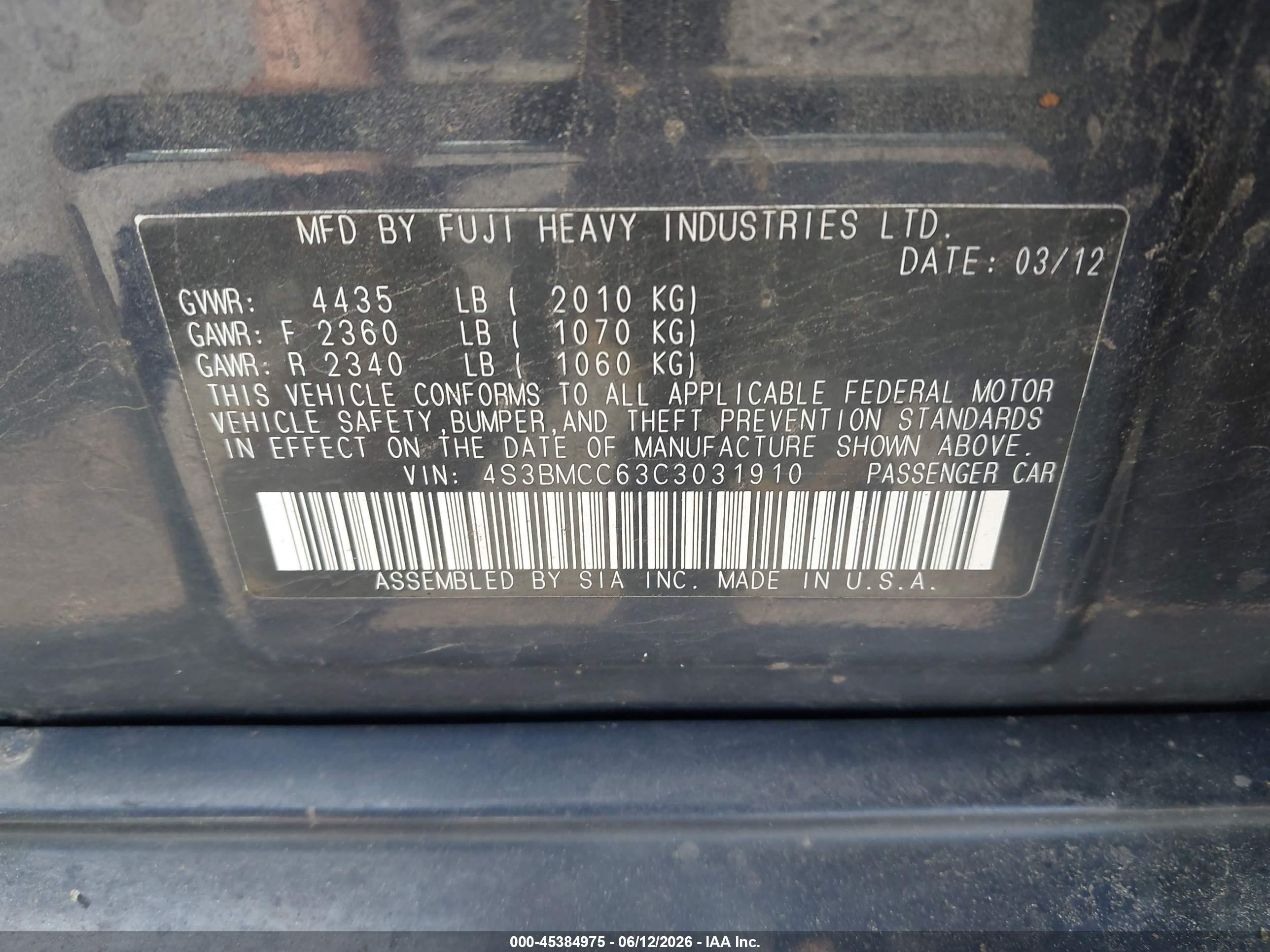 2012 Subaru Legacy 2.5i Premium Blue vin: 4S3BMCC63C3031910