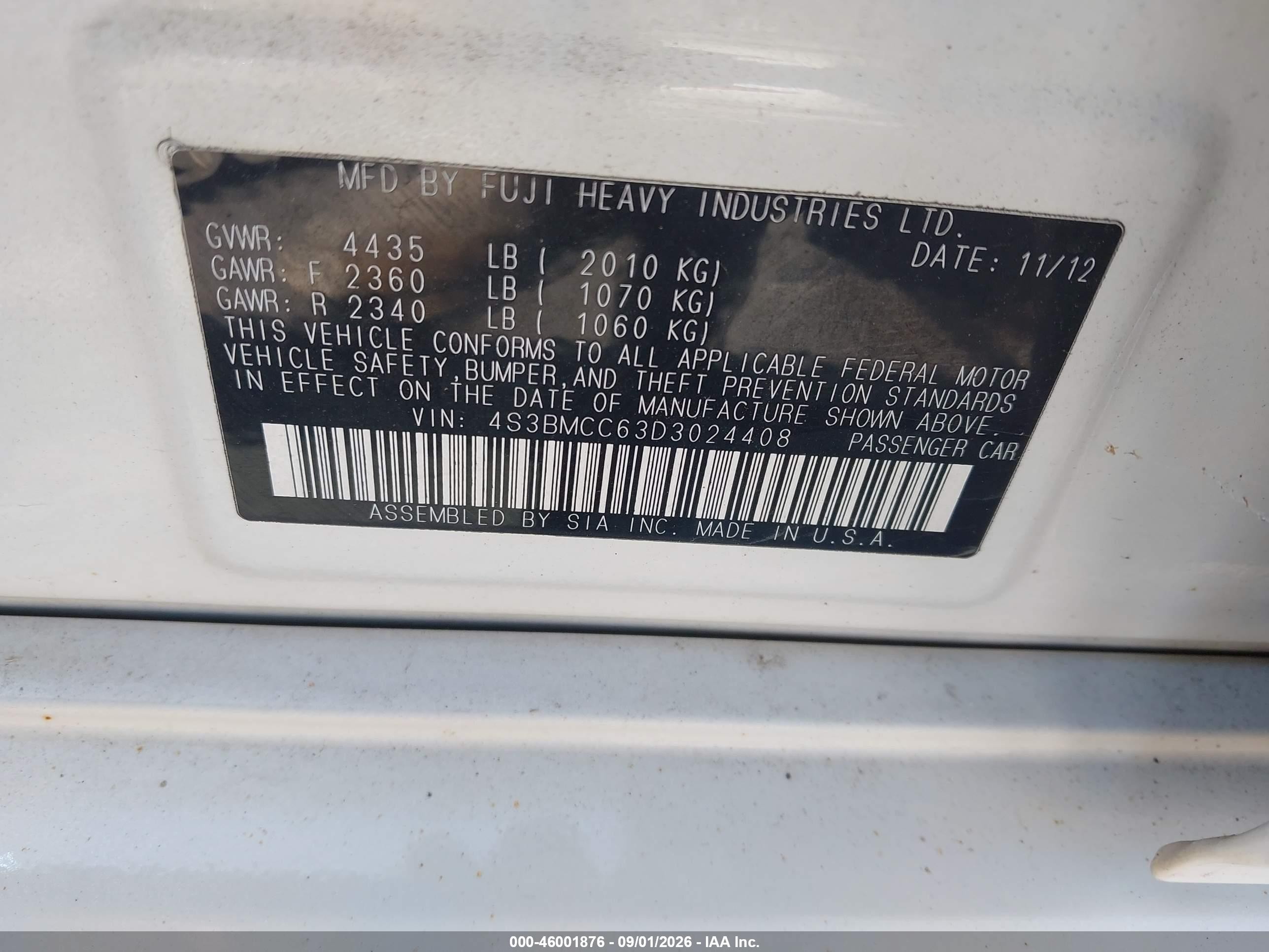 2013 Subaru Legacy 2.5i Premium White vin: 4S3BMCC63D3024408