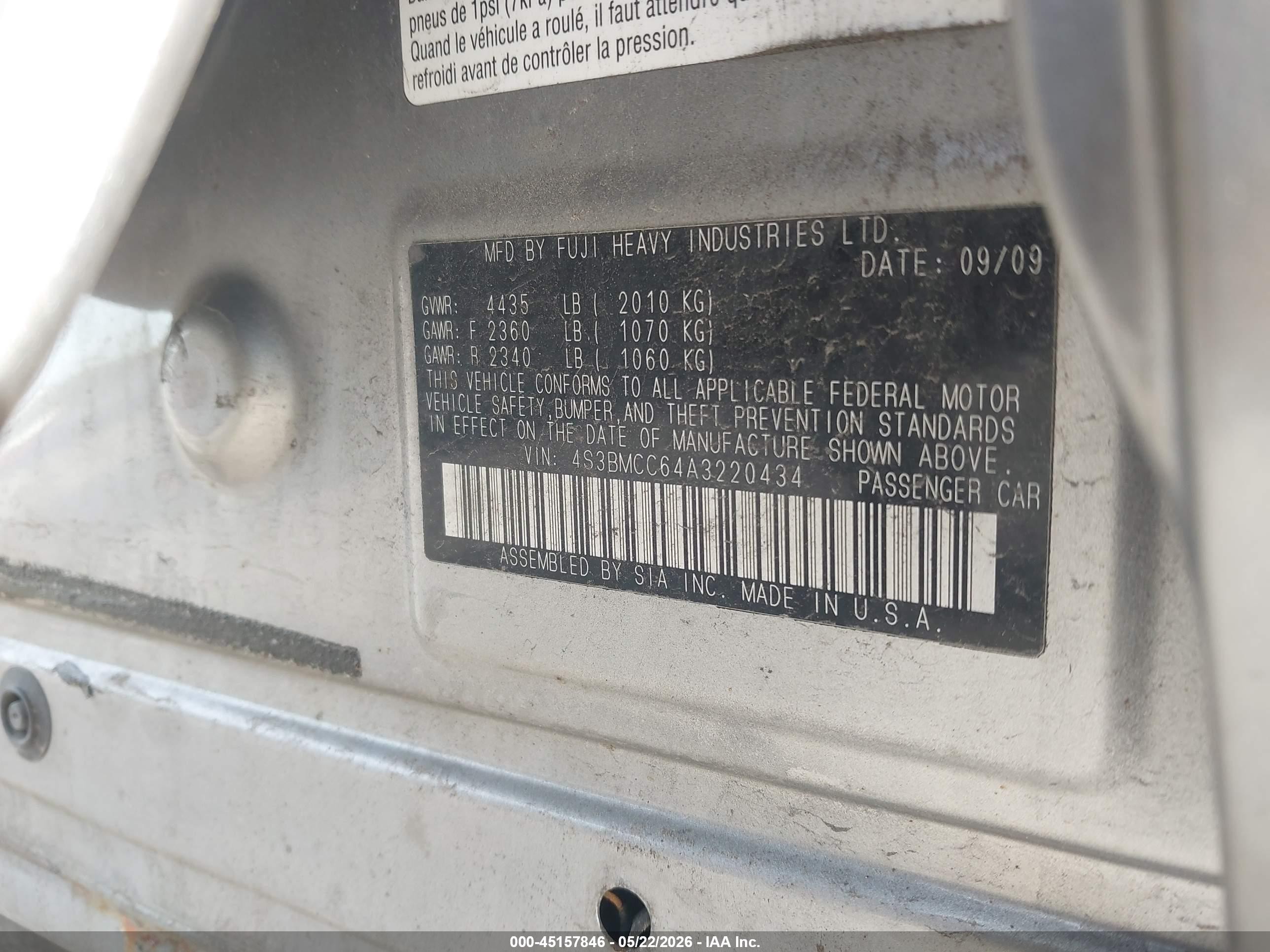 2010 Subaru Legacy 2.5i Premium Silver vin: 4S3BMCC64A3220434