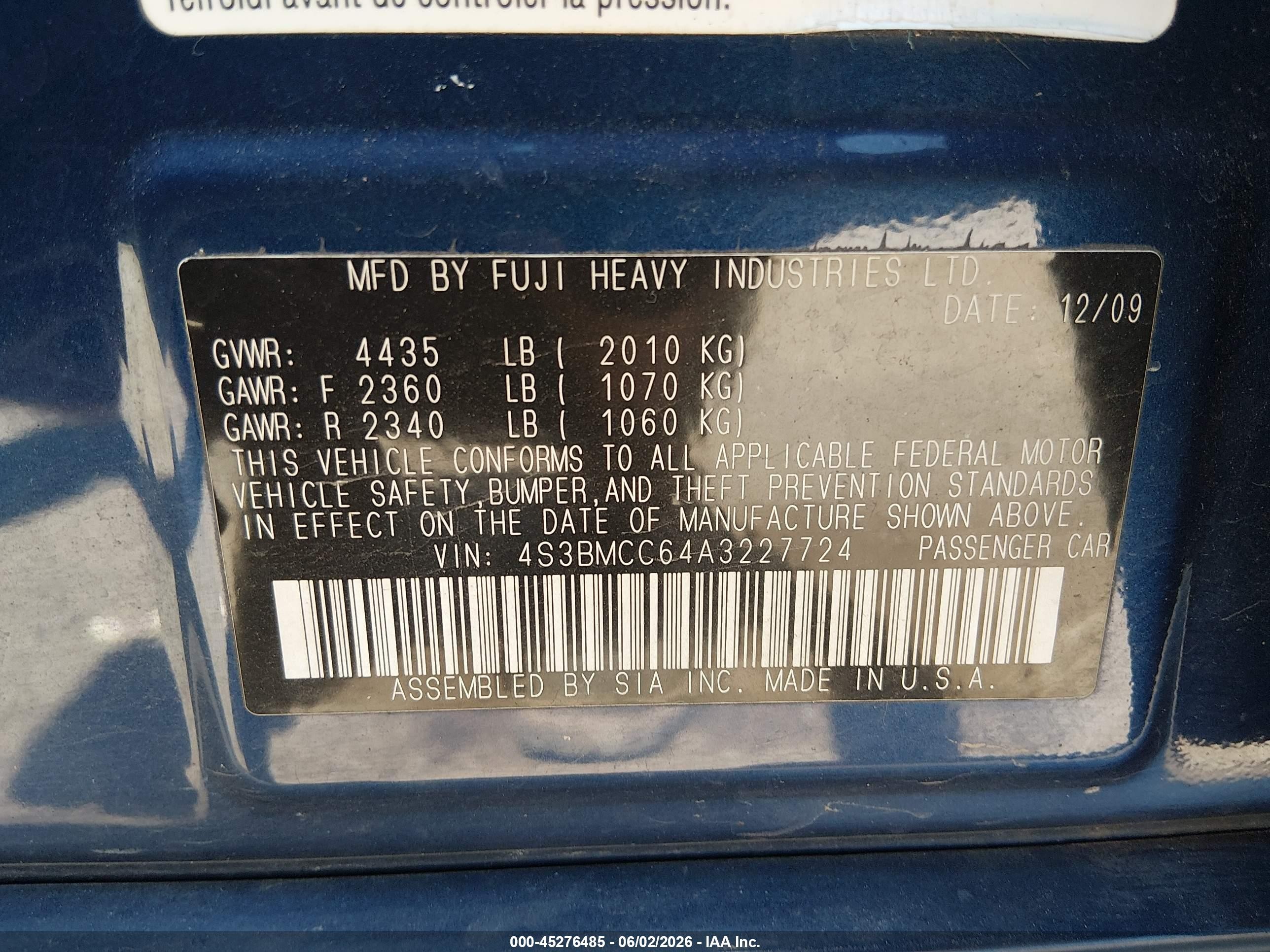 2010 Subaru Legacy 2.5i Premium Blue vin: 4S3BMCC64A3227724
