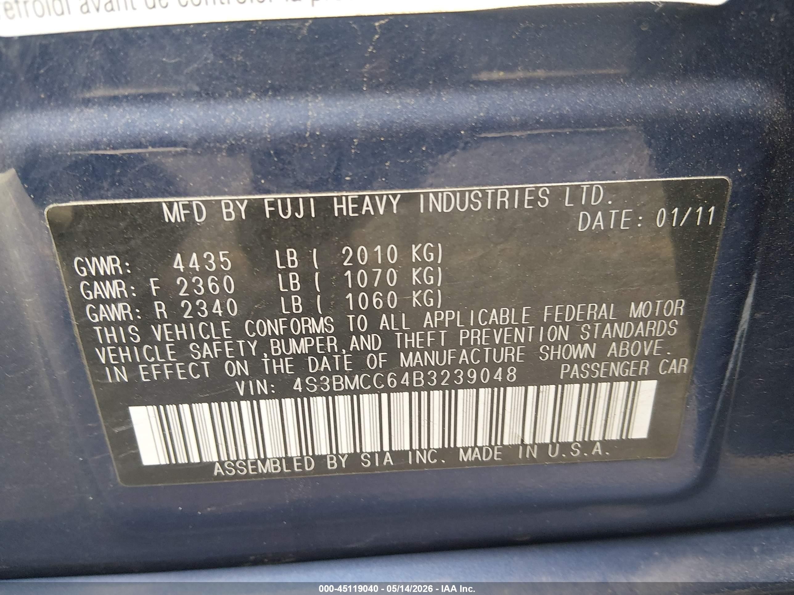 2011 Subaru Legacy 2.5i Premium Dark Blue vin: 4S3BMCC64B3239048