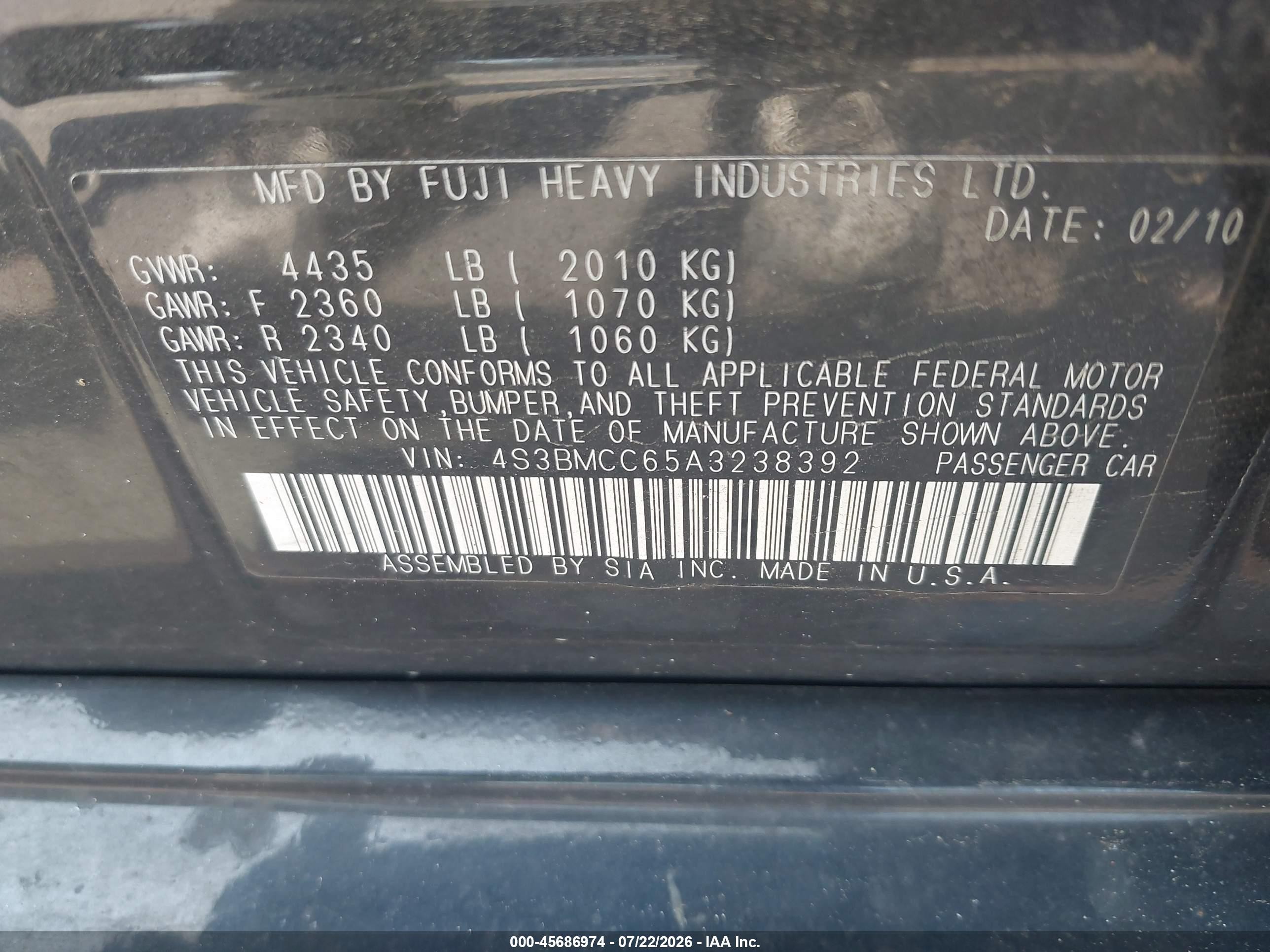 2010 Subaru Legacy 2.5i Premium Black vin: 4S3BMCC65A3238392