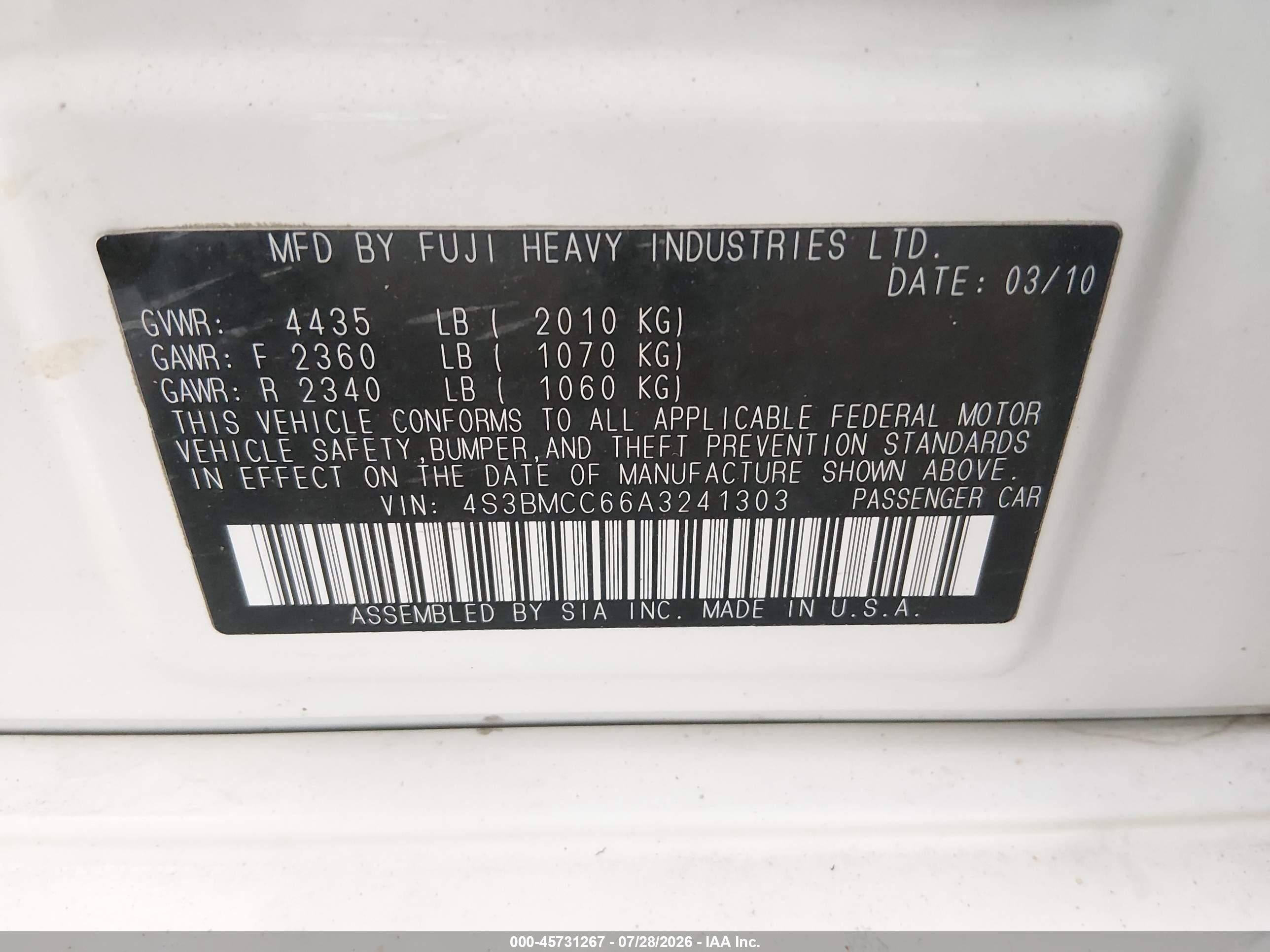 2010 Subaru Legacy 2.5i Premium White vin: 4S3BMCC66A3241303