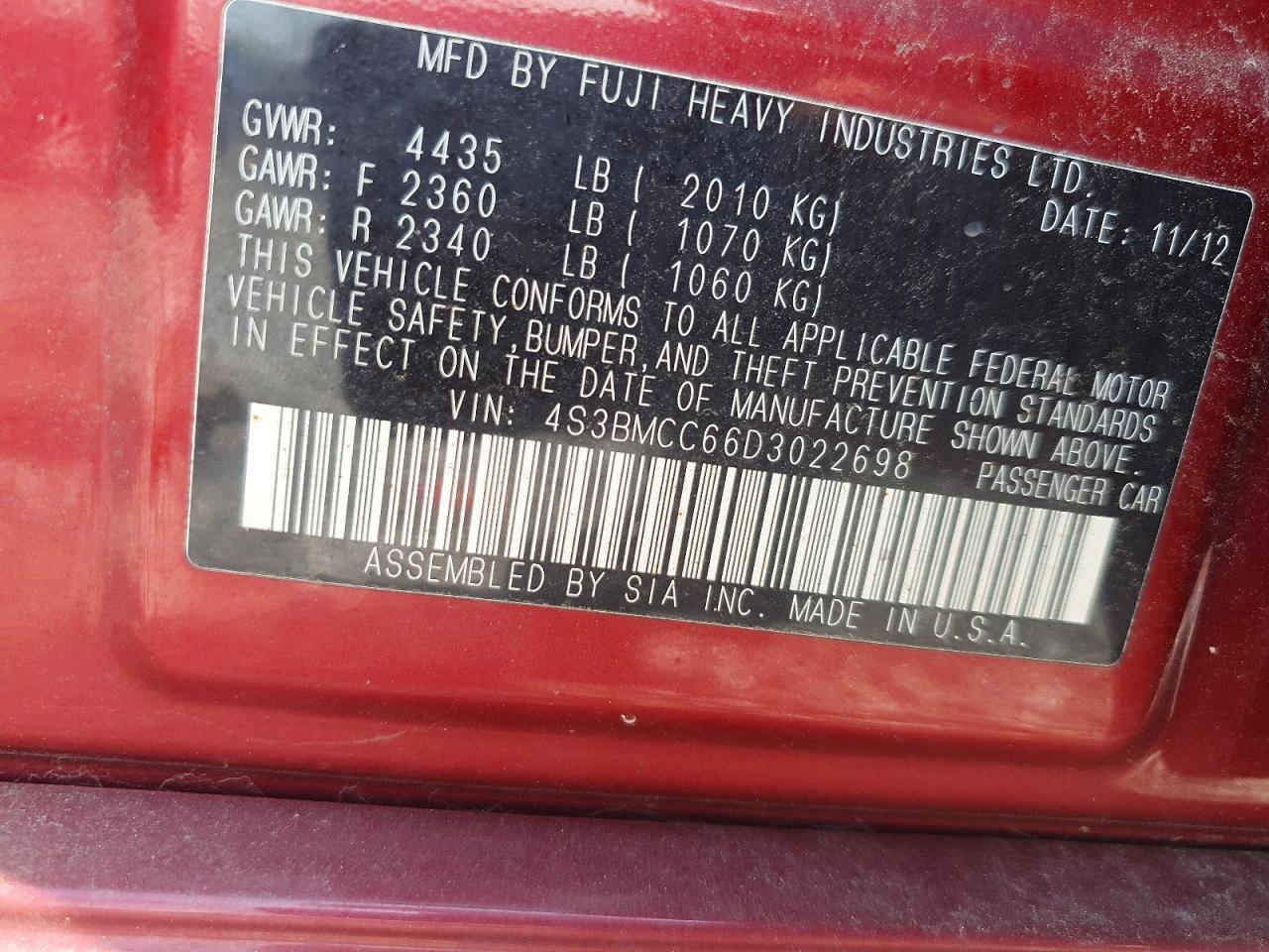 2013 Subaru Legacy 2.5i Premium Red vin: 4S3BMCC66D3022698