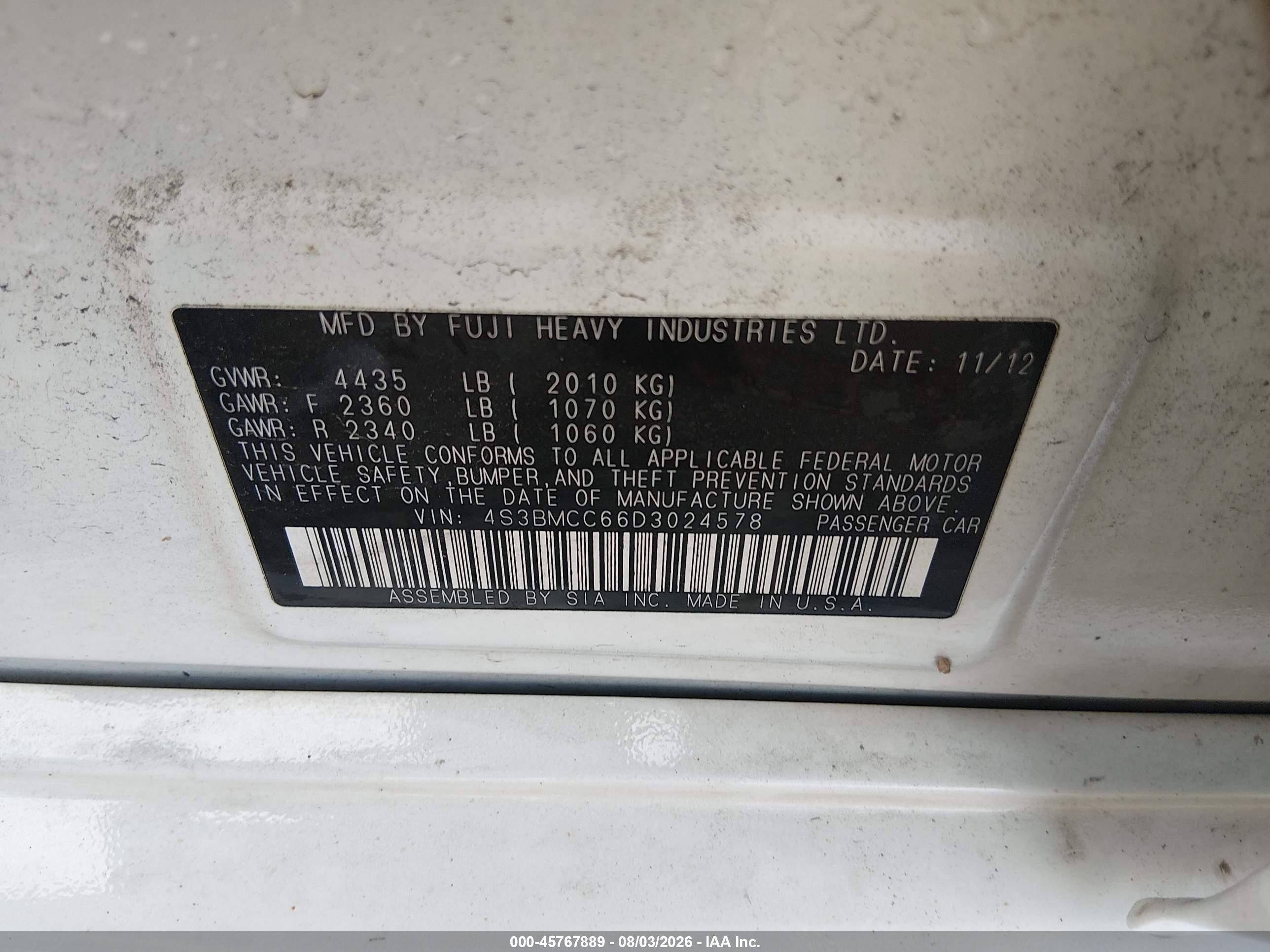 2013 Subaru Legacy 2.5i Premium White vin: 4S3BMCC66D3024578