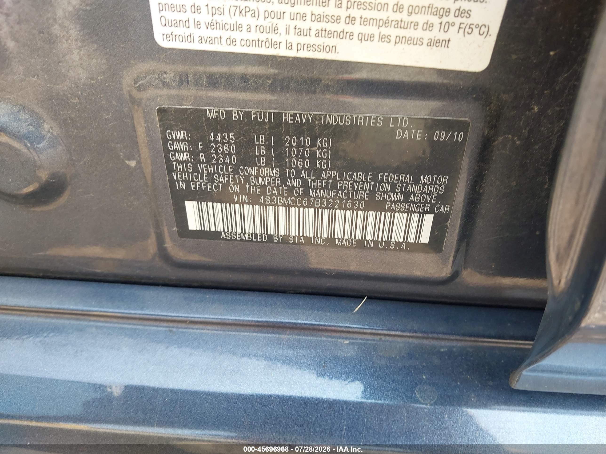 2011 Subaru Legacy 2.5i Premium Blue vin: 4S3BMCC67B3221630