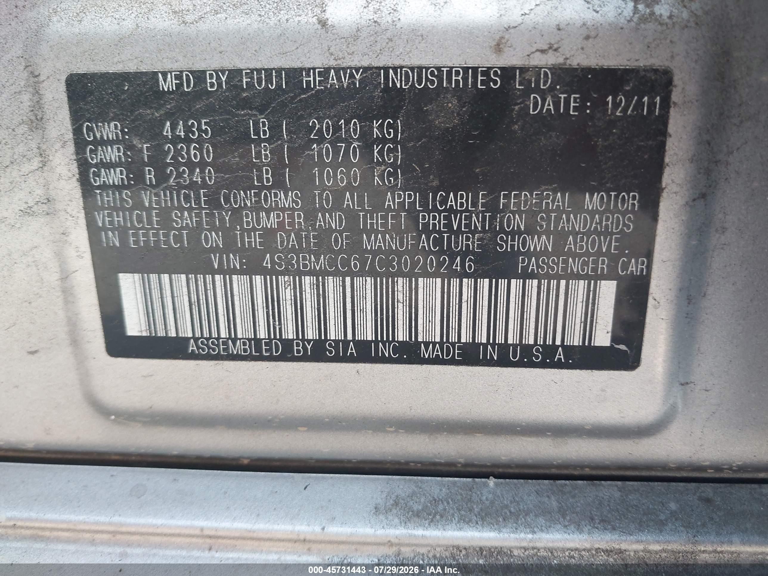 2012 Subaru Legacy 2.5i Premium Серебряный vin: 4S3BMCC67C3020246