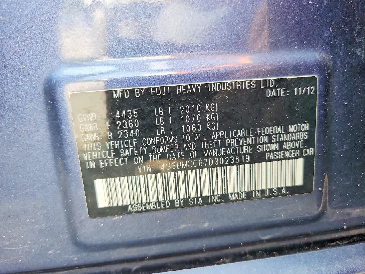 2013 Subaru Legacy 2.5i Premium Blue vin: 4S3BMCC67D3023519