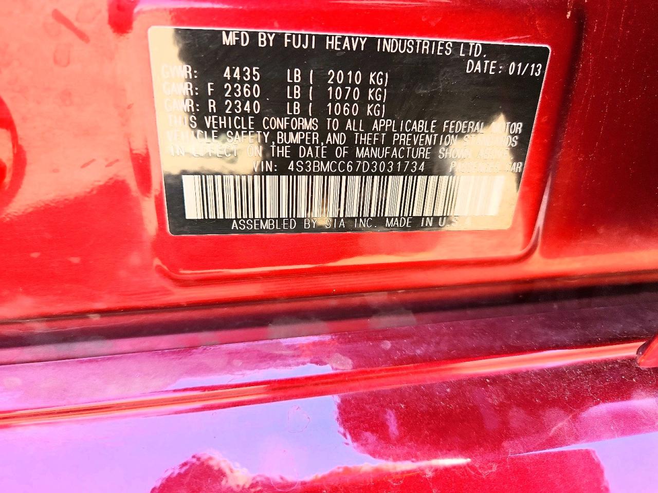 2013 Subaru Legacy 2.5i Premium Red vin: 4S3BMCC67D3031734
