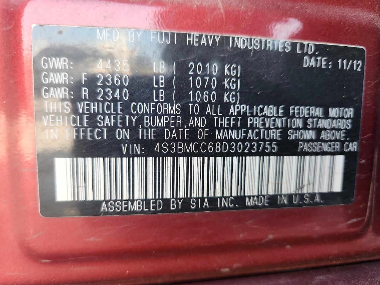 2013 Subaru Legacy 2.5i Premium Burgundy vin: 4S3BMCC68D3023755