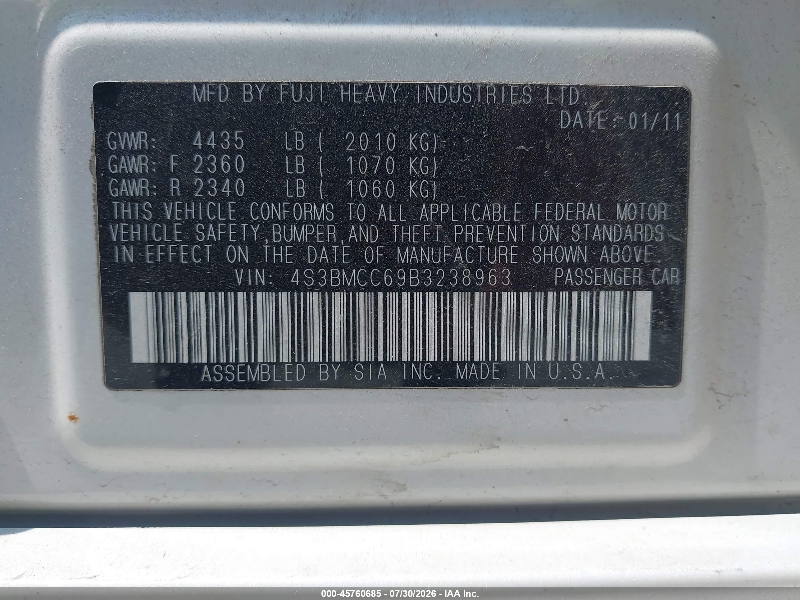 2011 Subaru Legacy 2.5i Premium White vin: 4S3BMCC69B3238963