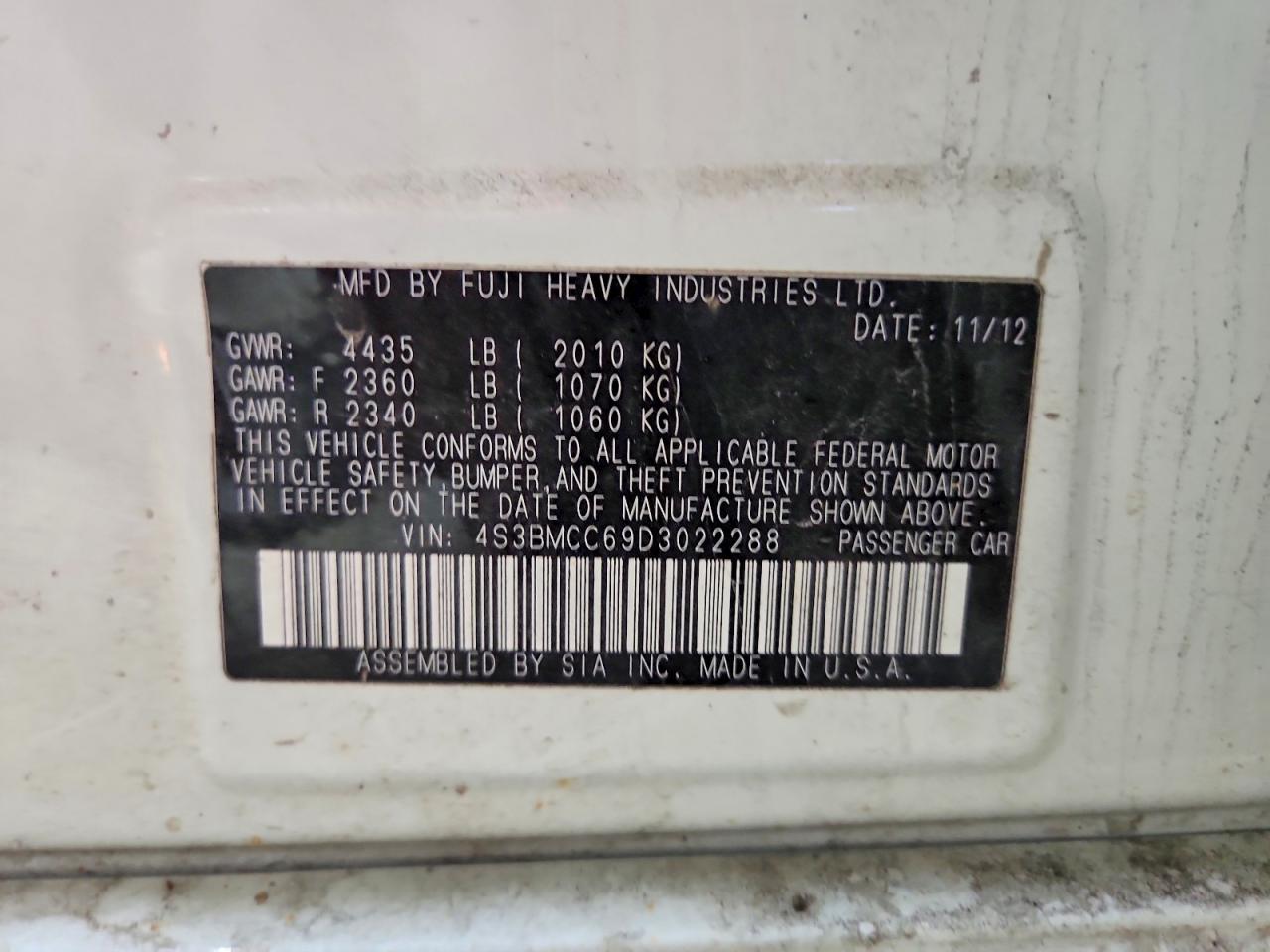 2013 Subaru Legacy 2.5i Premium White vin: 4S3BMCC69D3022288
