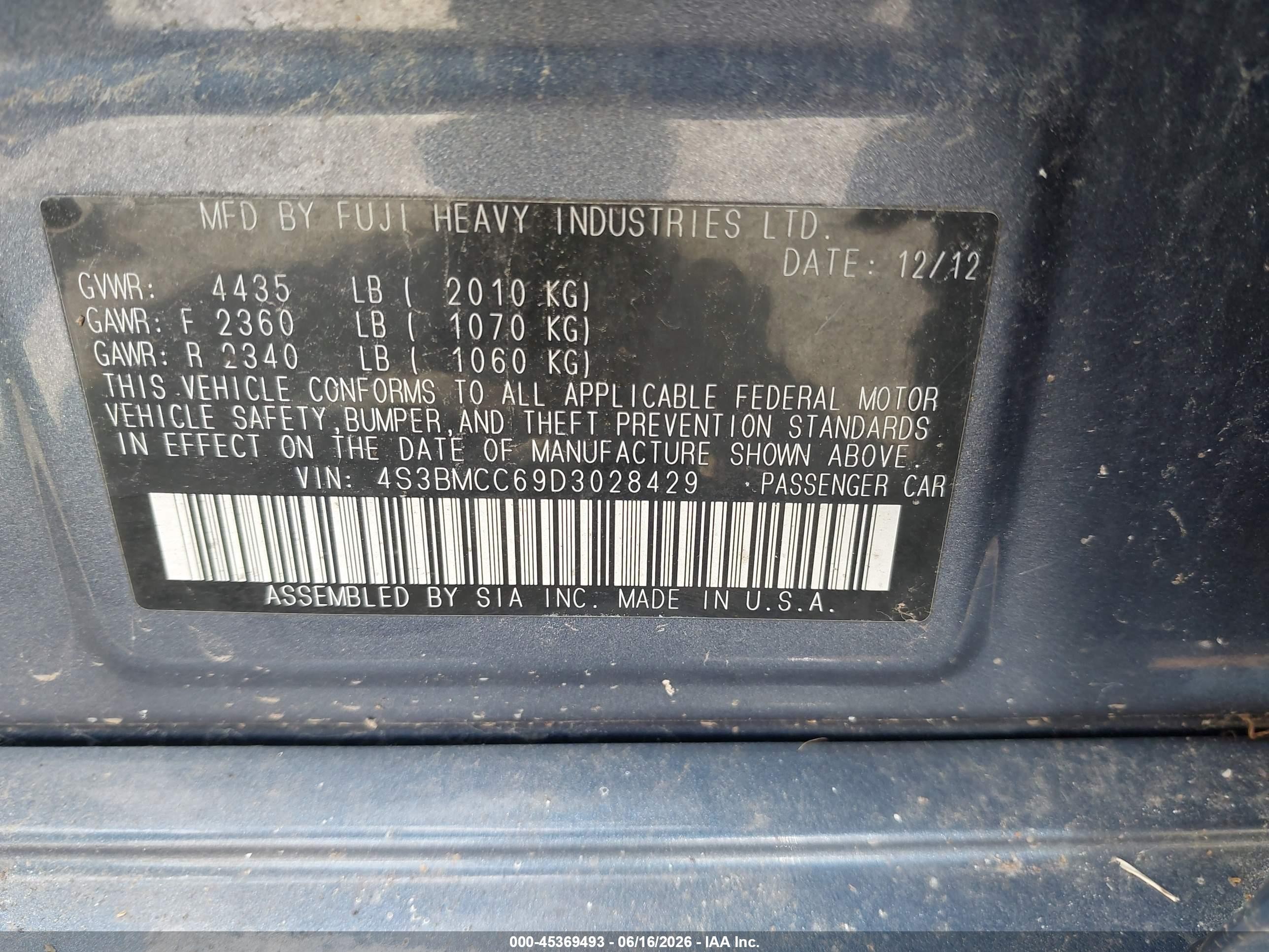 2013 Subaru Legacy 2.5i Premium Blue vin: 4S3BMCC69D3028429