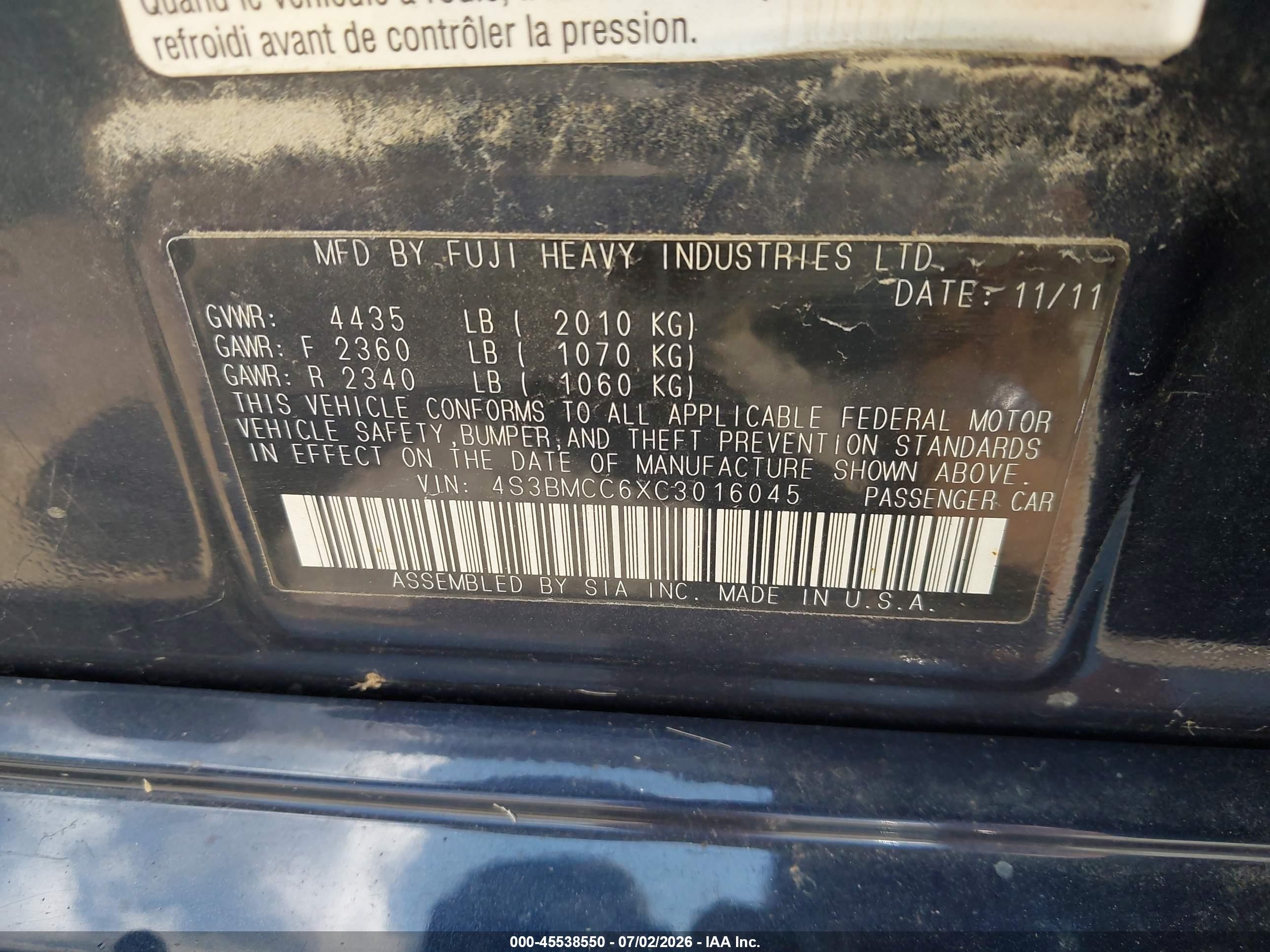 2012 Subaru Legacy 2.5i Premium Blue vin: 4S3BMCC6XC3016045