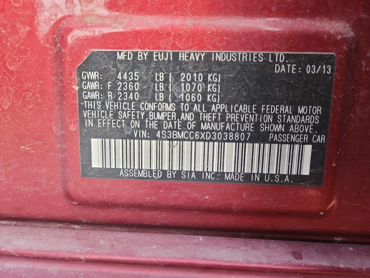 2013 Subaru Legacy 2.5i Premium Red vin: 4S3BMCC6XD3038807
