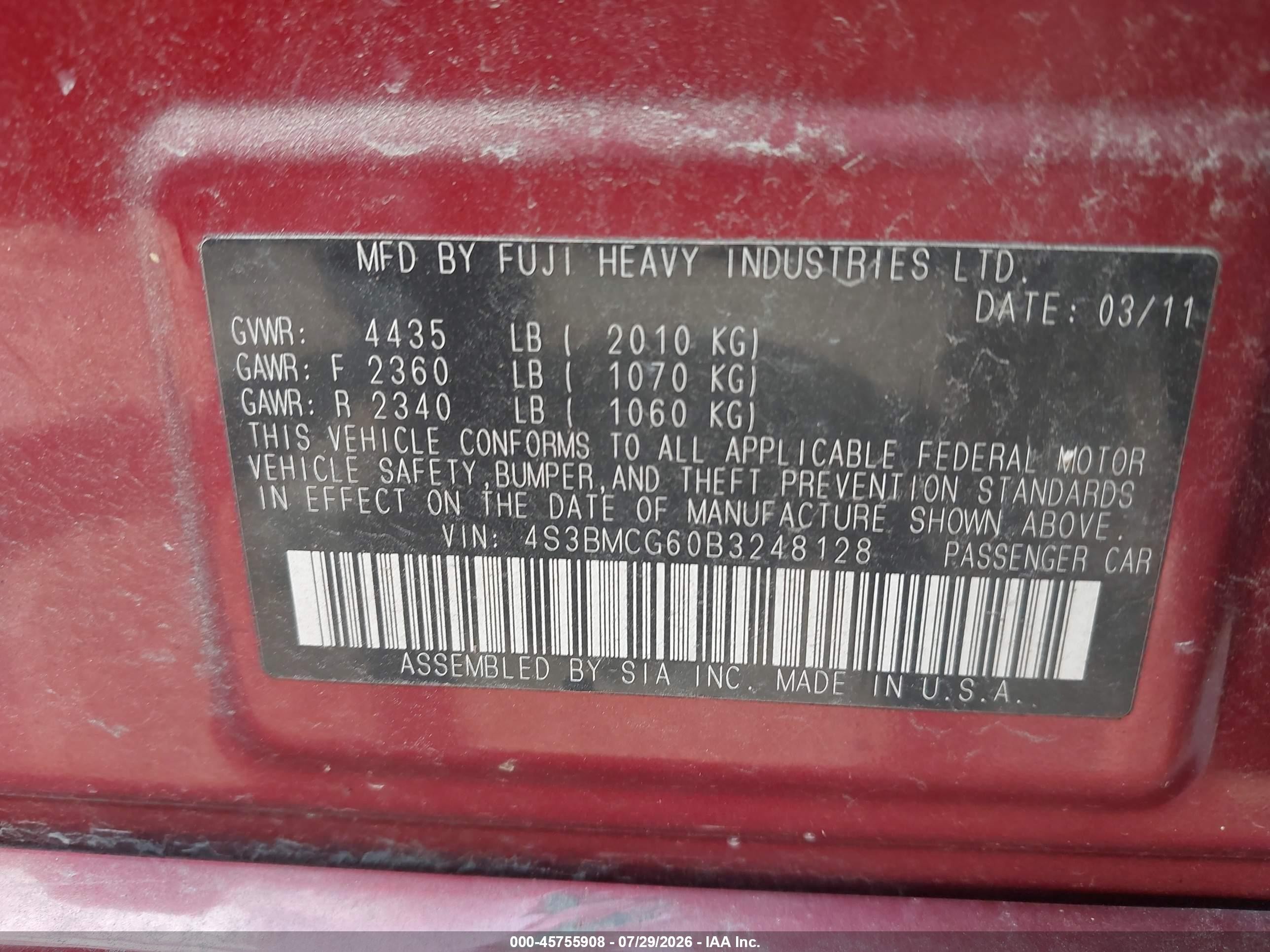 2011 Subaru Legacy 2.5i Premium Red vin: 4S3BMCG60B3248128