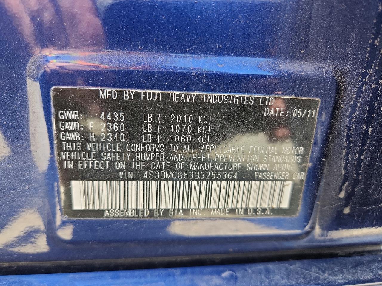 2011 Subaru Legacy 2.5i Premium Blue vin: 4S3BMCG63B3255364