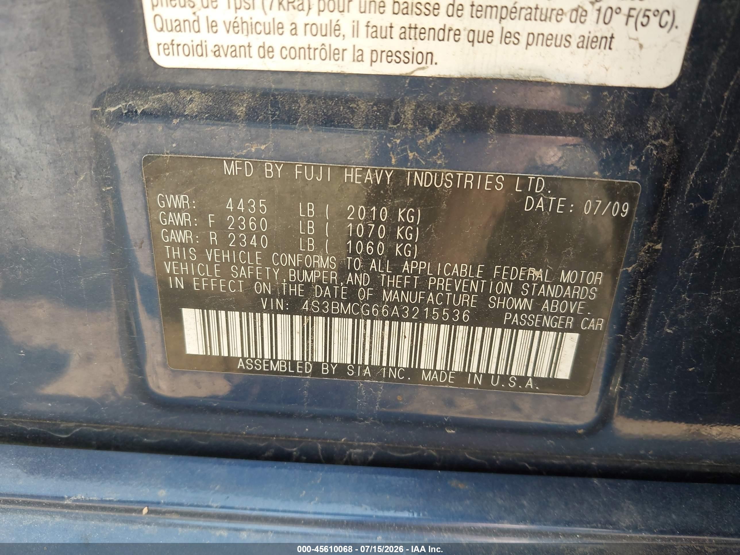 2010 Subaru Legacy 2.5i Premium Blue vin: 4S3BMCG66A3215536