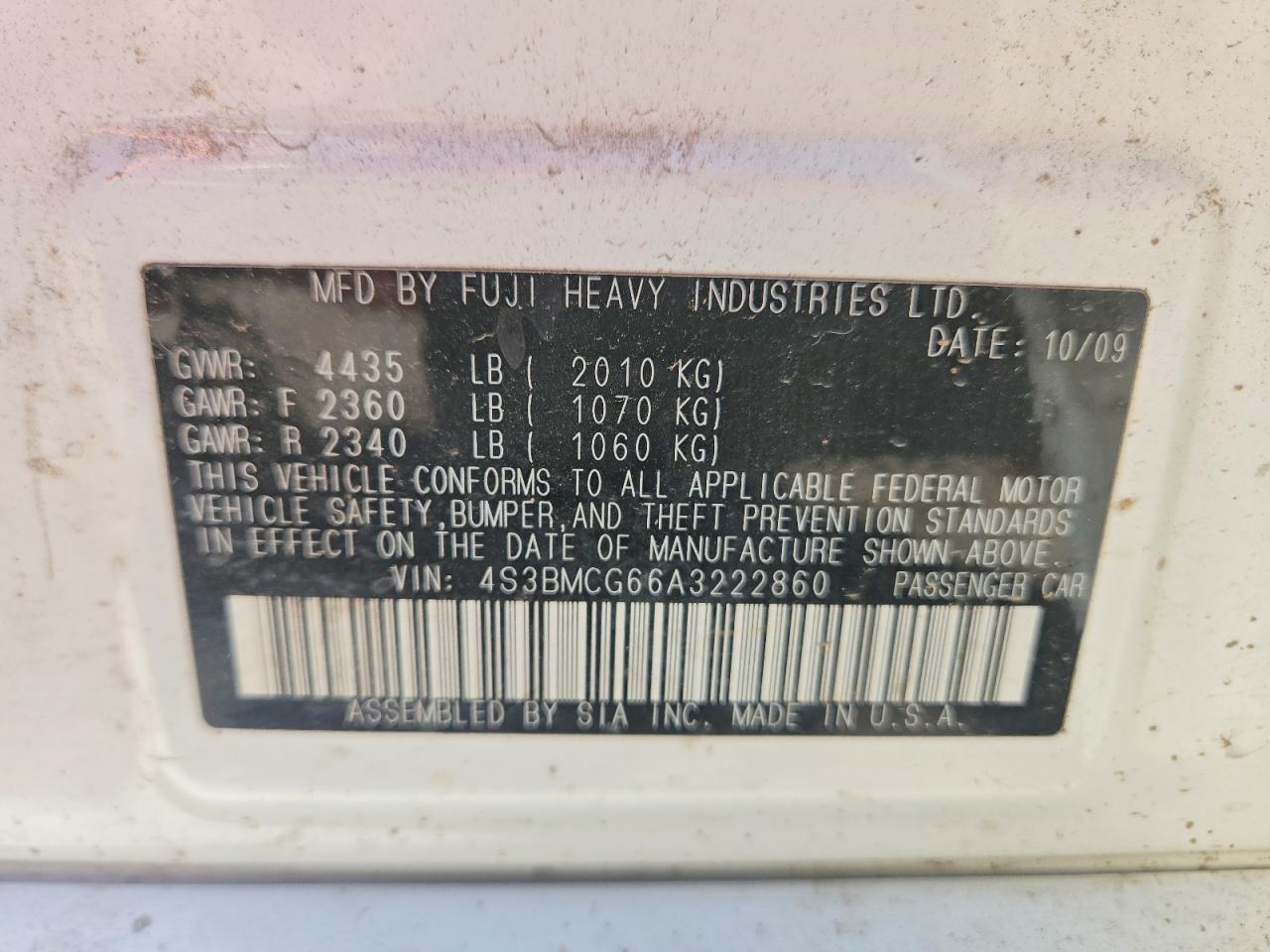 2010 Subaru Legacy 2.5i Premium White vin: 4S3BMCG66A3222860