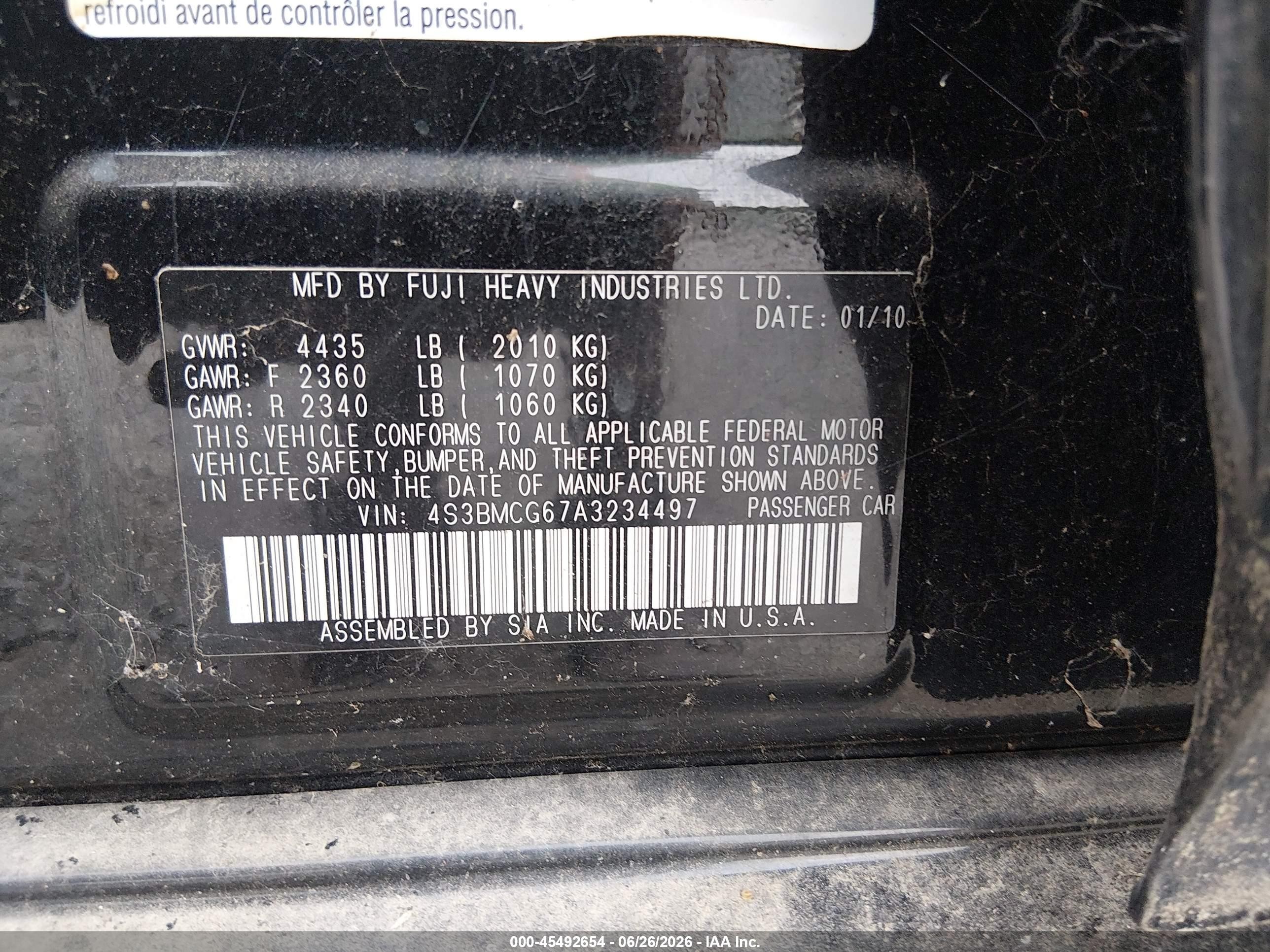2010 Subaru Legacy 2.5i Premium Black vin: 4S3BMCG67A3234497