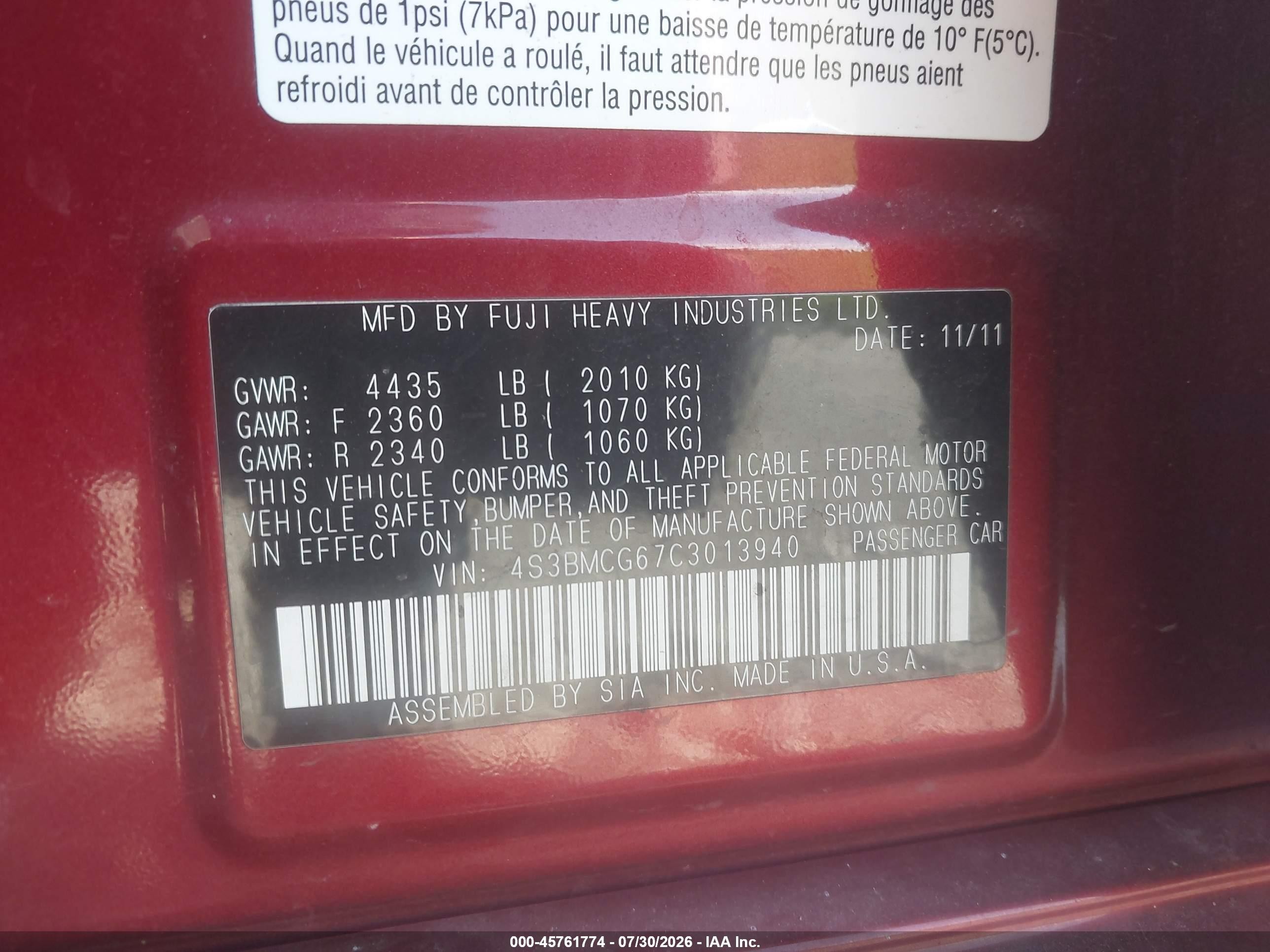 2012 Subaru Legacy 2.5i Premium Maroon vin: 4S3BMCG67C3013940