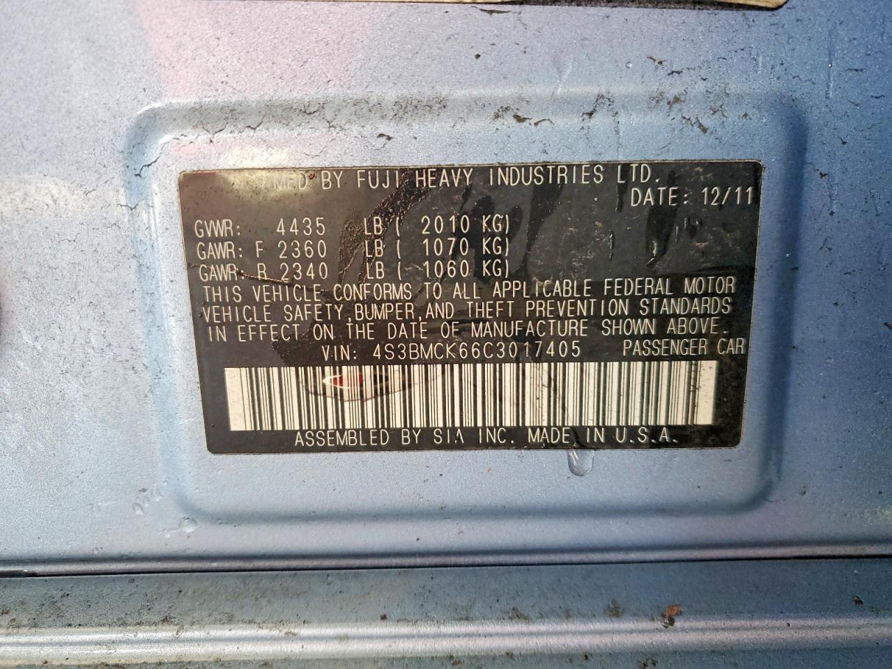 2012 Subaru Legacy 2.5i Limited Blue vin: 4S3BMCK66C3017405