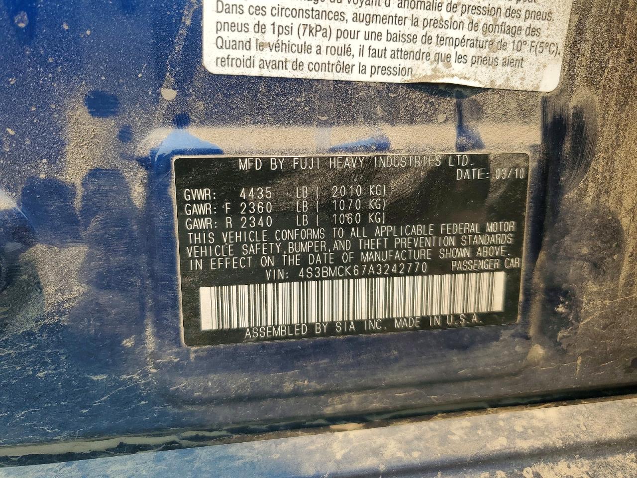 2010 Subaru Legacy 2.5i Limited Blue vin: 4S3BMCK67A3242770