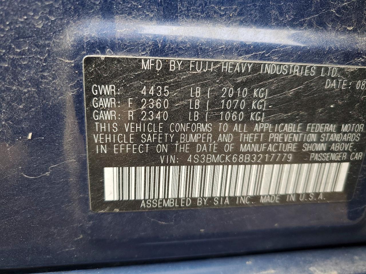 2011 Subaru Legacy 2.5i Limited Blue vin: 4S3BMCK68B3217779