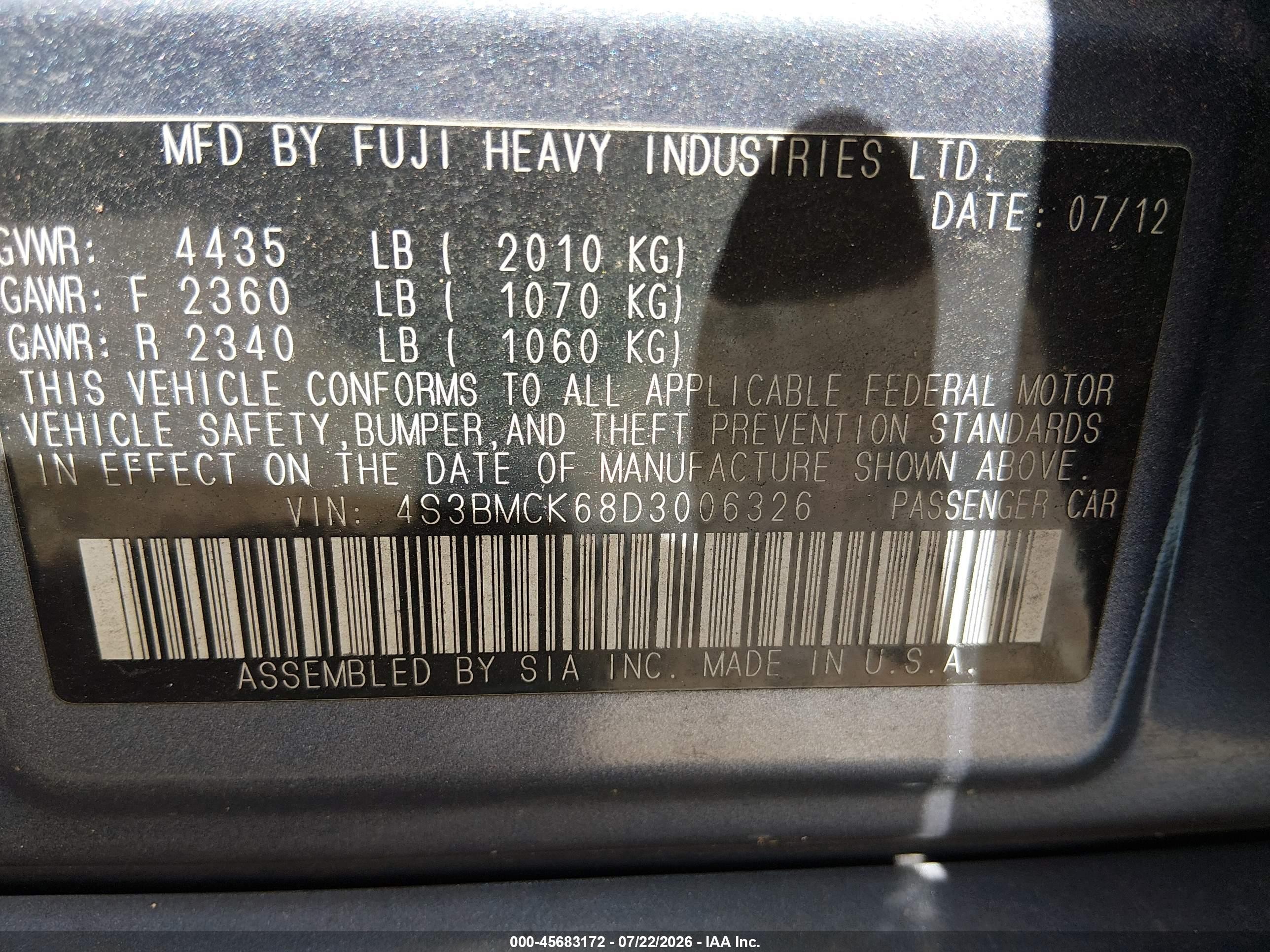 2013 Subaru Legacy 2.5i Limited Синий vin: 4S3BMCK68D3006326