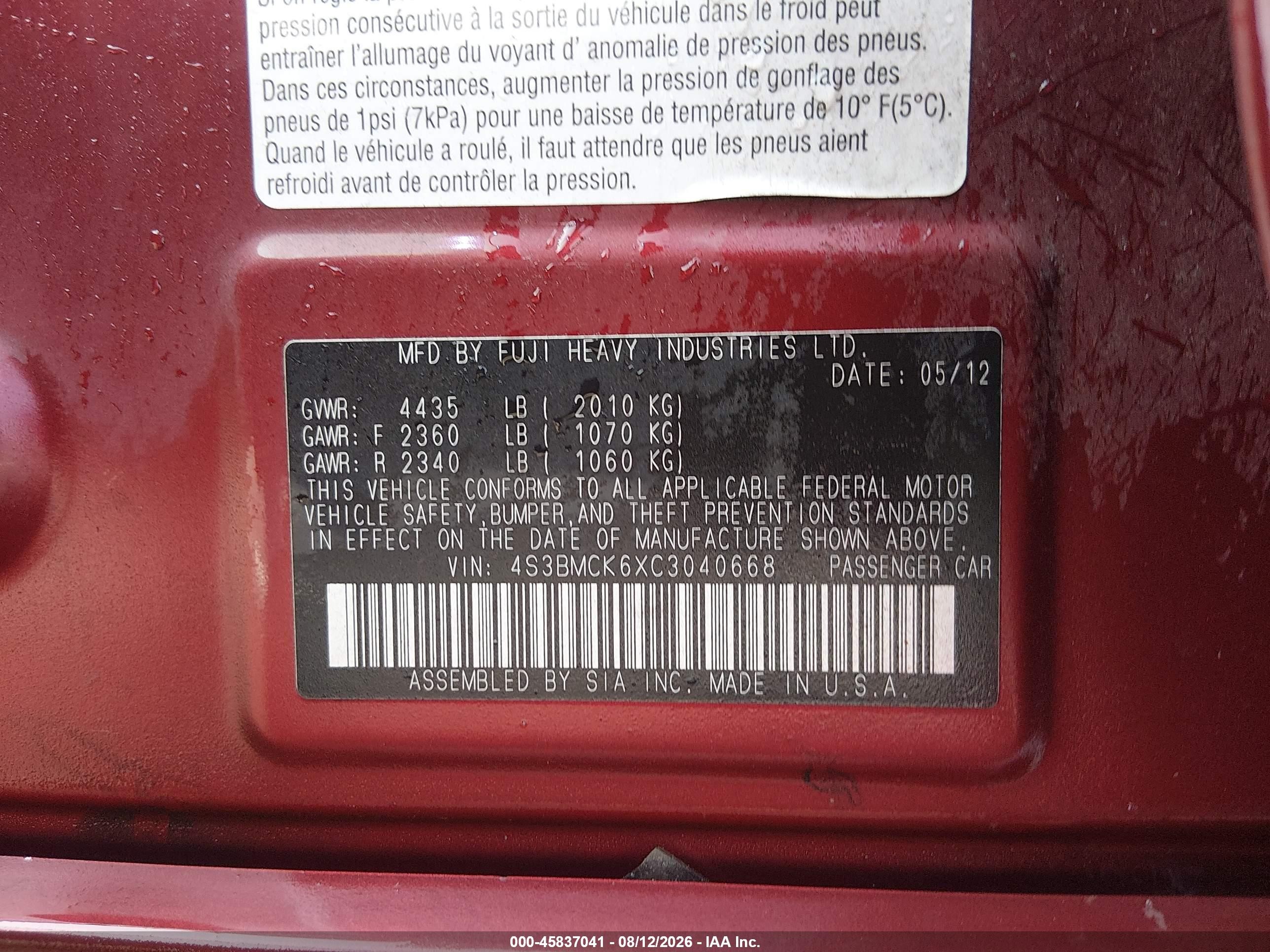2012 Subaru Legacy 2.5i Limited Red vin: 4S3BMCK6XC3040668