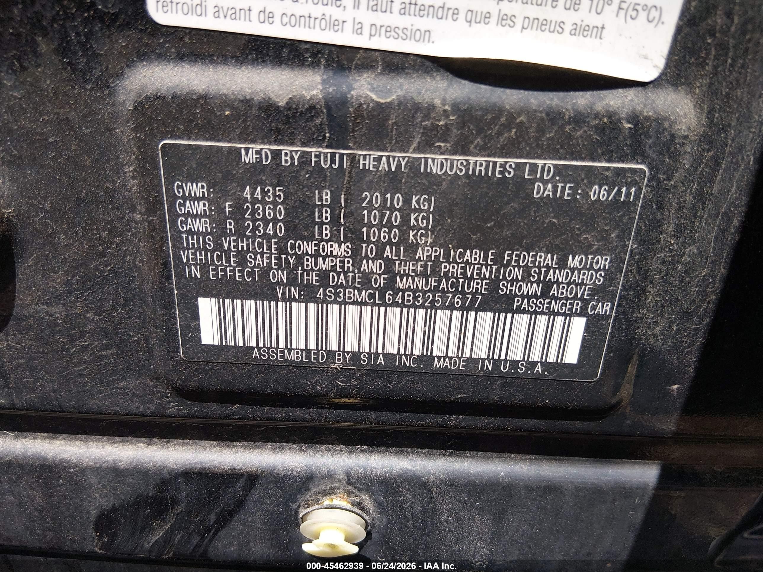 2011 Subaru Legacy 2.5i Limited Black vin: 4S3BMCL64B3257677