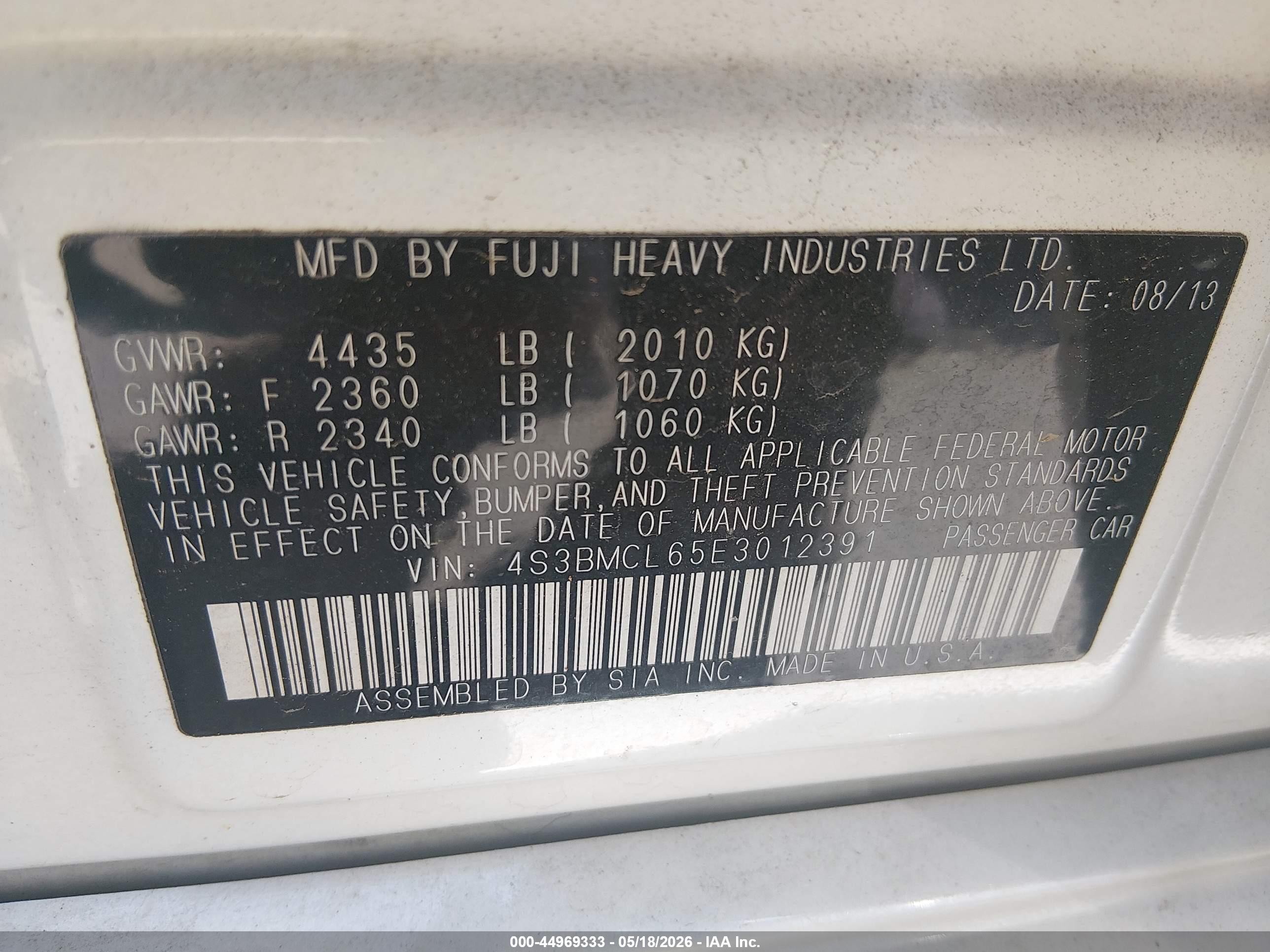 2014 Subaru Legacy 2.5i Limited Белый vin: 4S3BMCL65E3012391