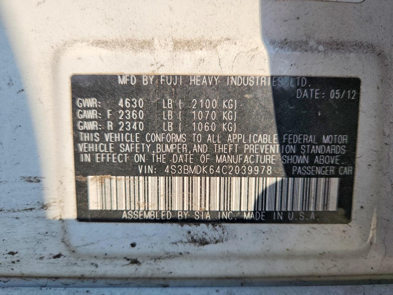 2012 Subaru Legacy White vin: 4S3BMDK64C2039978