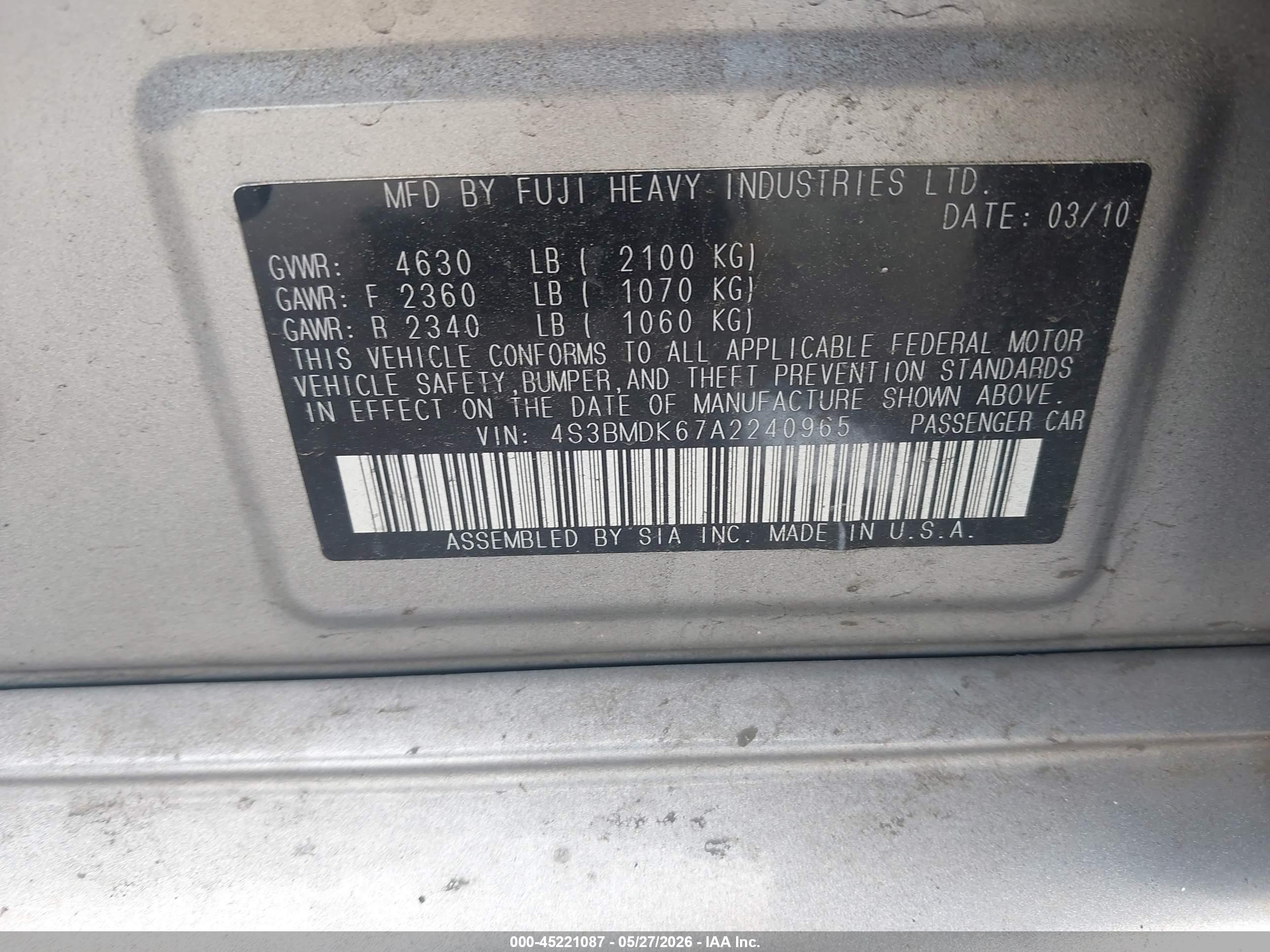 2010 Subaru Legacy 3.6r Limited Серебряный vin: 4S3BMDK67A2240965